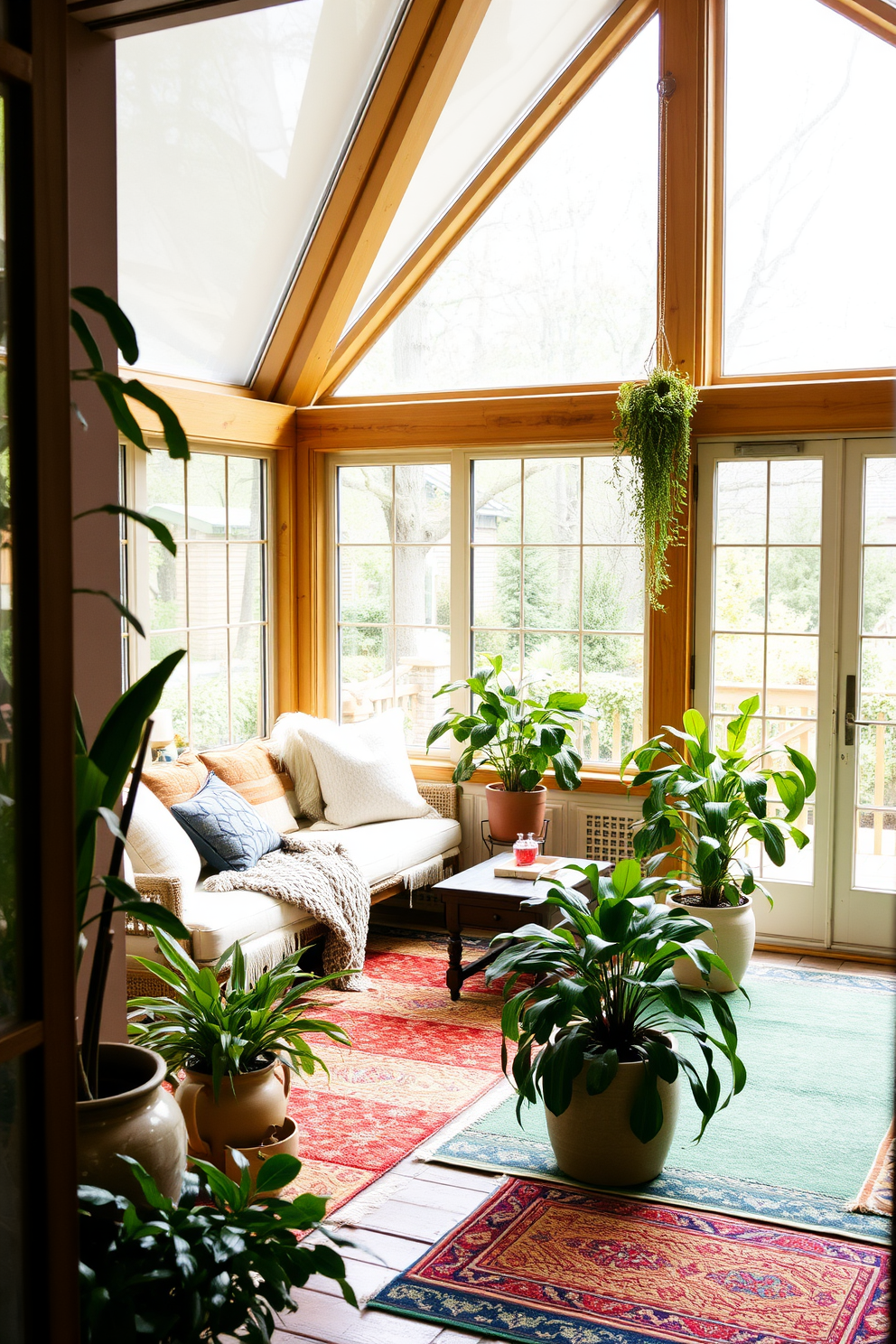 A cozy sunroom filled with natural light. Layered rugs in varying textures and colors create warmth underfoot. Lush green plants are placed in ceramic pots around the room. A comfortable seating area features a mix of cushions and throws for a welcoming touch.