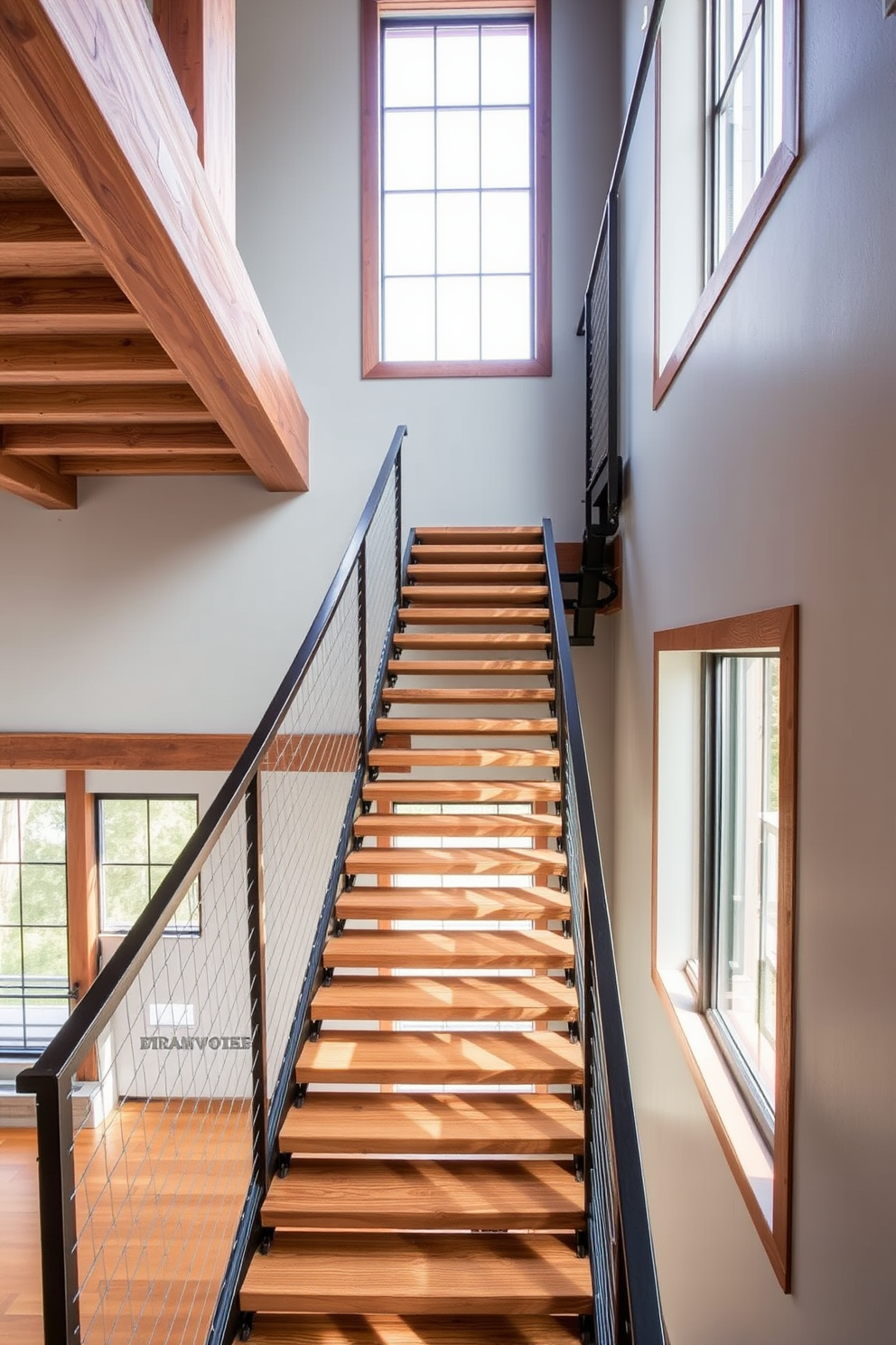 An industrial style staircase featuring exposed wooden beams and metal railings creates a striking focal point in the space. The steps are made of reclaimed wood, showcasing a rustic charm that contrasts beautifully with the sleek lines of the metal framework. The surrounding walls are painted in a soft gray, enhancing the overall industrial aesthetic while allowing the staircase to stand out. Large windows beside the staircase flood the area with natural light, further accentuating the textures and materials used in the design.