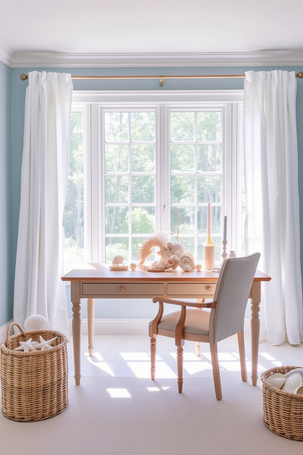 A bright and airy summer home office features a large window that lets in natural light, adorned with sheer white curtains. A wooden desk with a coastal finish sits in the center, decorated with an arrangement of seashells and beach finds, bringing a touch of the ocean indoors. The walls are painted in a soft blue hue, reminiscent of the sea, while a comfortable chair with a light fabric invites relaxation. A woven basket in the corner holds additional beach treasures, enhancing the coastal theme and creating a serene workspace.