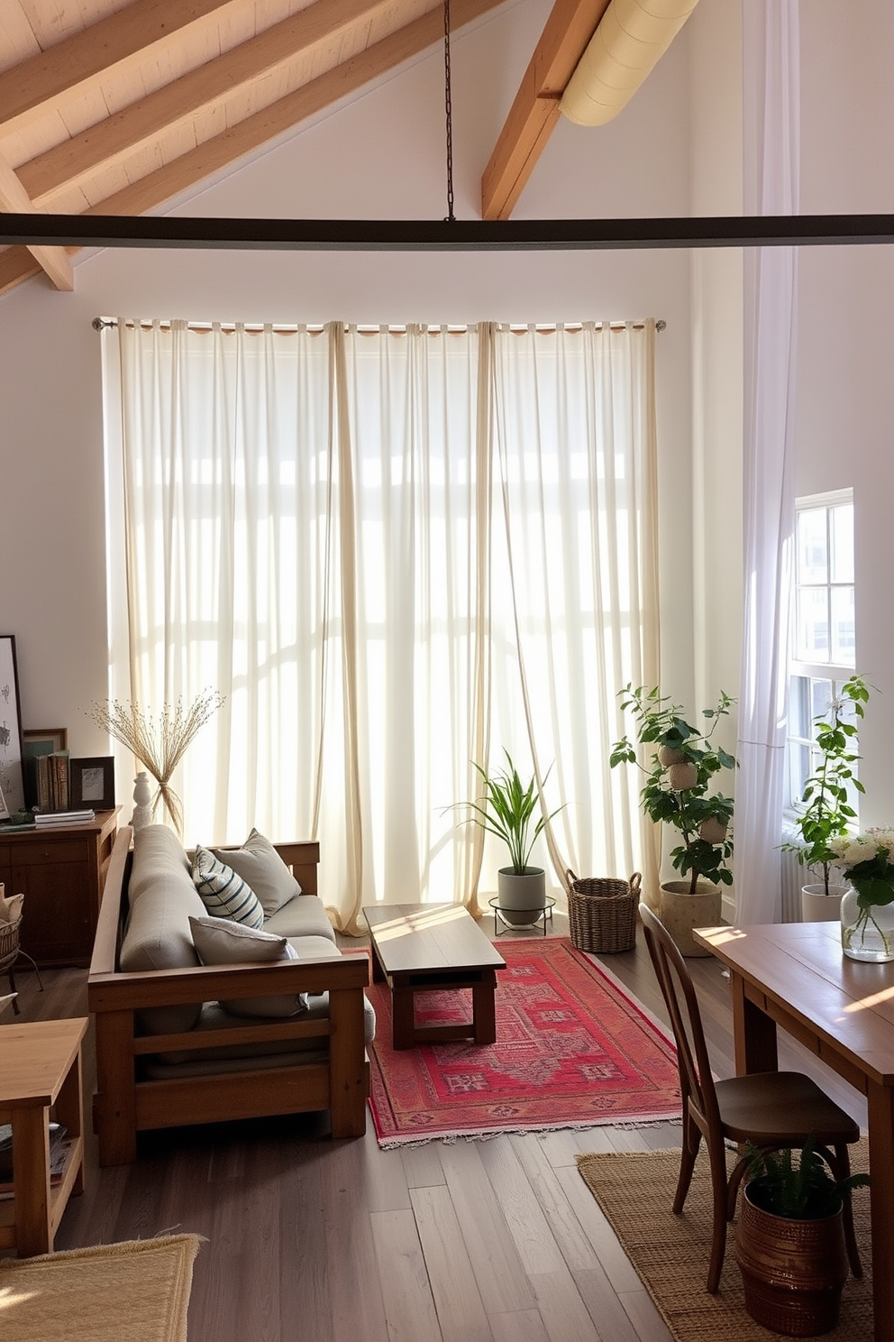 Bright and airy summer loft decorated with light sheer curtains that gently filter sunlight. The space features a mix of rustic wooden furniture and modern accents, creating a warm and inviting atmosphere.
