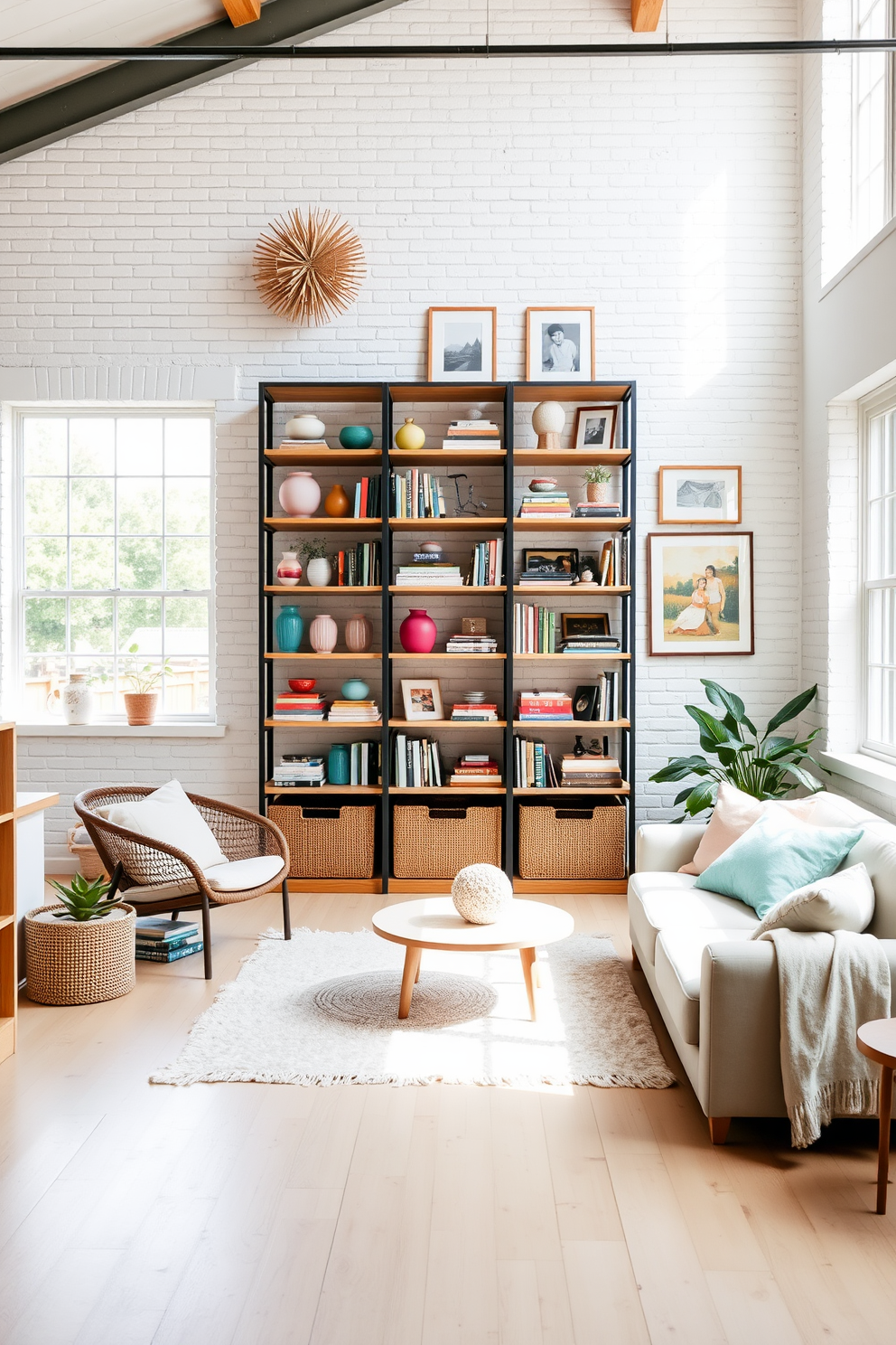 A bright and airy summer loft features open shelving styled with an array of decorative items such as colorful vases, books, and framed photographs. The shelves are positioned against a white brick wall, enhancing the casual yet chic atmosphere of the space. Natural light floods the room through large windows, illuminating the light wood flooring and soft pastel accents throughout. Cozy textiles like throw pillows and a lightweight blanket add warmth to the minimalist furniture arrangement.