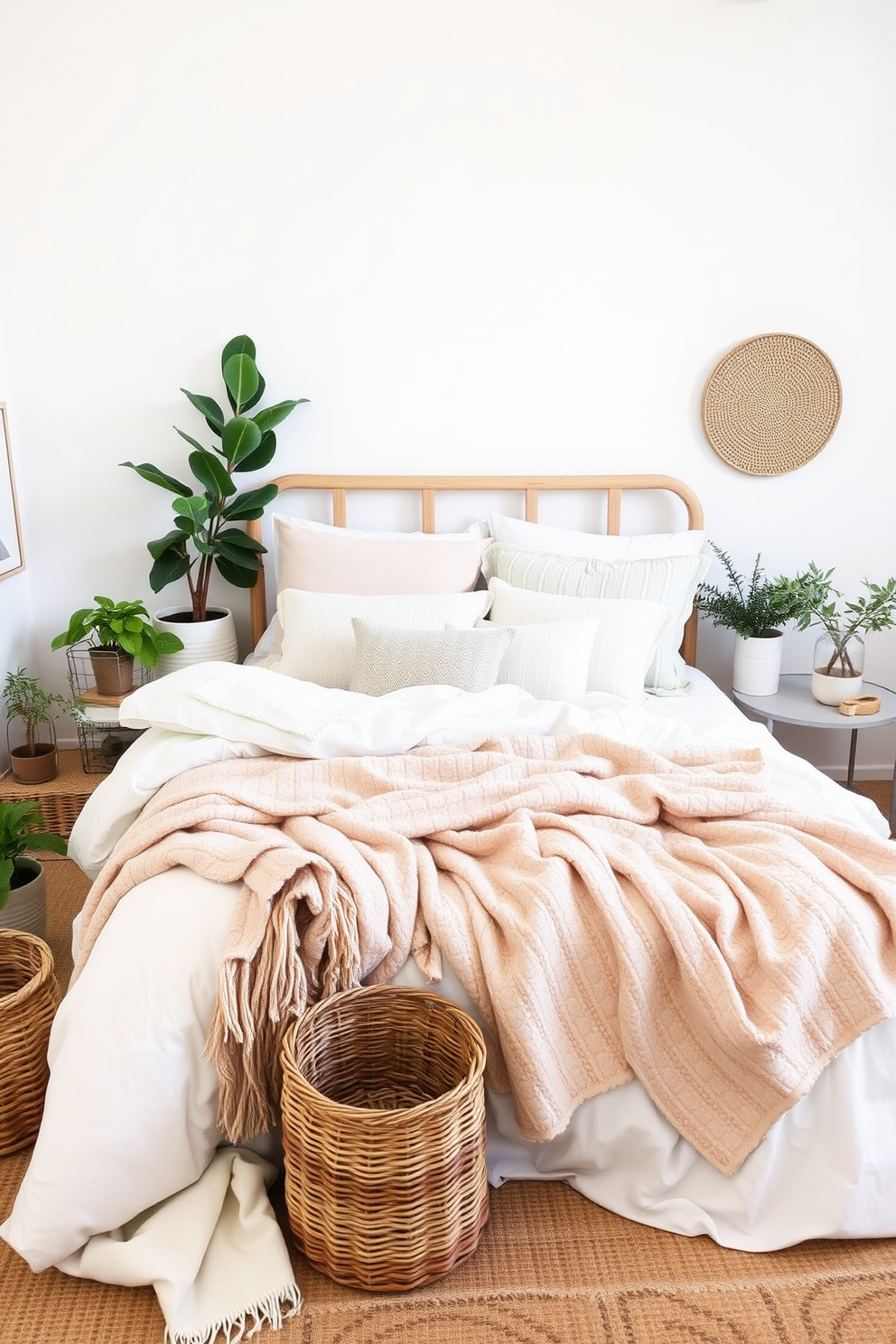 Layer bedding with light quilts and throws. The bed is adorned with soft pastel colors and textures, creating a serene and inviting atmosphere. Incorporate natural elements like woven baskets and potted plants. The overall design emphasizes a relaxed and airy feel, perfect for a summer loft retreat.