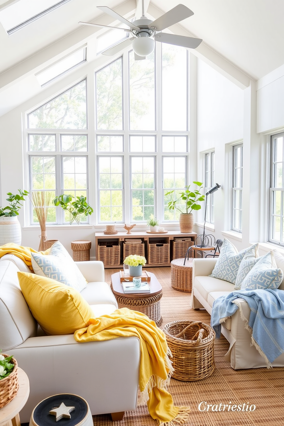 A bright and airy summer loft with large windows allowing natural light to flood the space. The room features a mix of modern furniture and rustic accents, including wicker baskets used for stylish storage throughout. The walls are painted in a soft white, creating a fresh backdrop for vibrant decor. Cozy textiles in sunny yellow and soft blue hues are layered on the furniture, enhancing the inviting atmosphere.