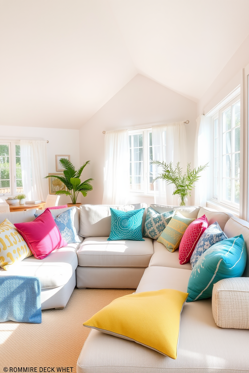 A bright and airy summer loft filled with natural light. The space features a large sectional sofa adorned with vibrant throw pillows in various colors and patterns for added comfort. The walls are painted in a soft white hue, creating a fresh backdrop for the decor. Large windows draped with sheer curtains allow sunlight to filter in, enhancing the cozy atmosphere.