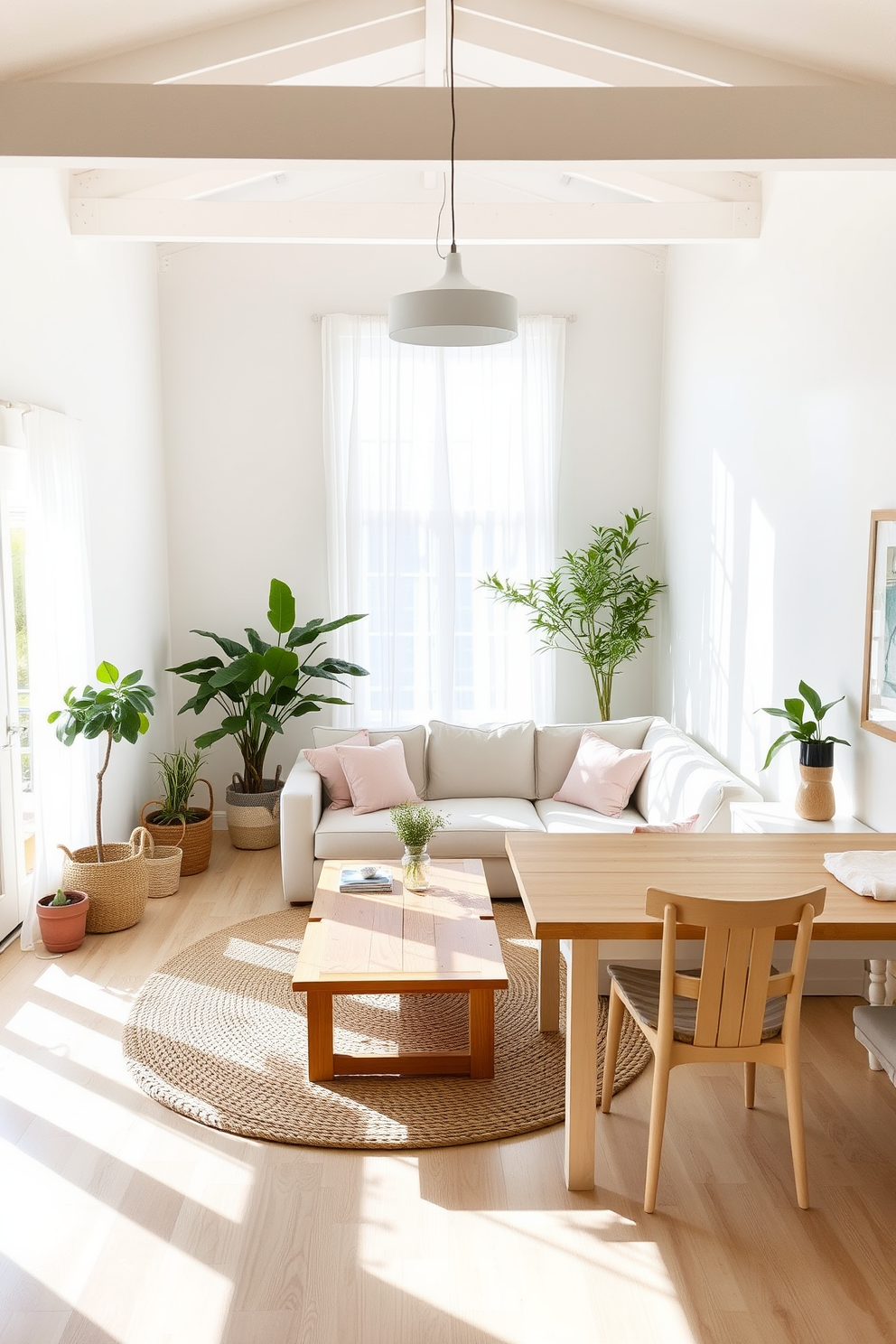 A bright and airy summer loft filled with natural light. The walls are painted in a soft white hue, creating a fresh and inviting atmosphere. A large sectional sofa in light beige is positioned in the center of the room, adorned with pastel-colored cushions. A wooden coffee table with a natural finish sits in front of the sofa, complemented by a woven area rug that adds texture to the space. Floor-to-ceiling windows draped with sheer curtains allow sunlight to filter in gently. Potted plants are strategically placed around the room, bringing a touch of greenery and life to the decor. The dining area features a light wood table surrounded by mismatched chairs in soft pastel shades. Above the table, a modern pendant light fixture adds a stylish focal point, enhancing the overall summer vibe.