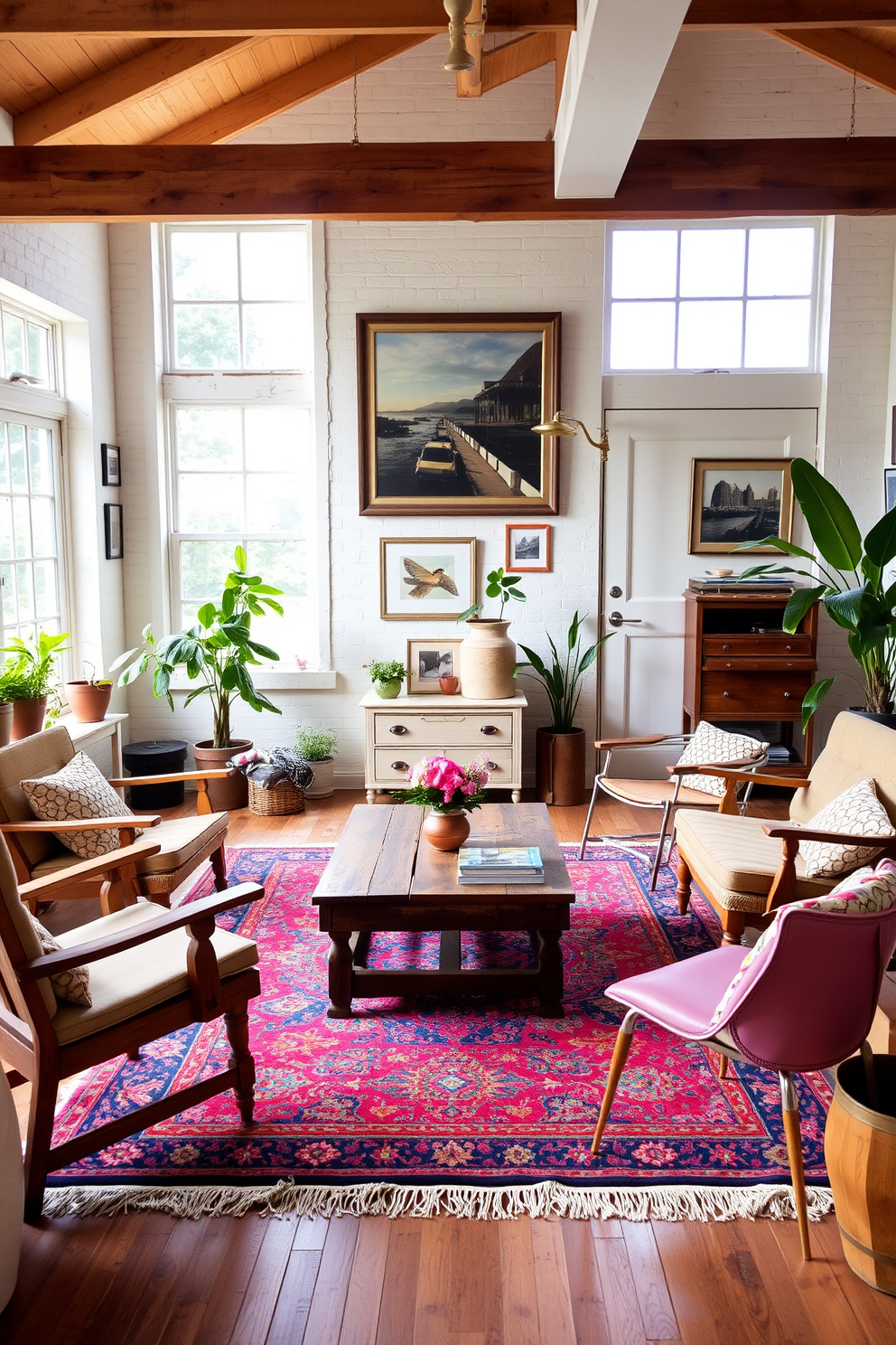 A bright and airy summer loft features vintage furniture pieces that bring unique charm to the space. A reclaimed wood coffee table sits in the center, surrounded by mismatched chairs and a colorful area rug that adds warmth to the room. The walls are adorned with eclectic artwork and framed photographs that tell a story of travel and adventure. Large windows allow natural light to flood the space, highlighting the soft pastel colors of the decor and the lush greenery of potted plants placed throughout.