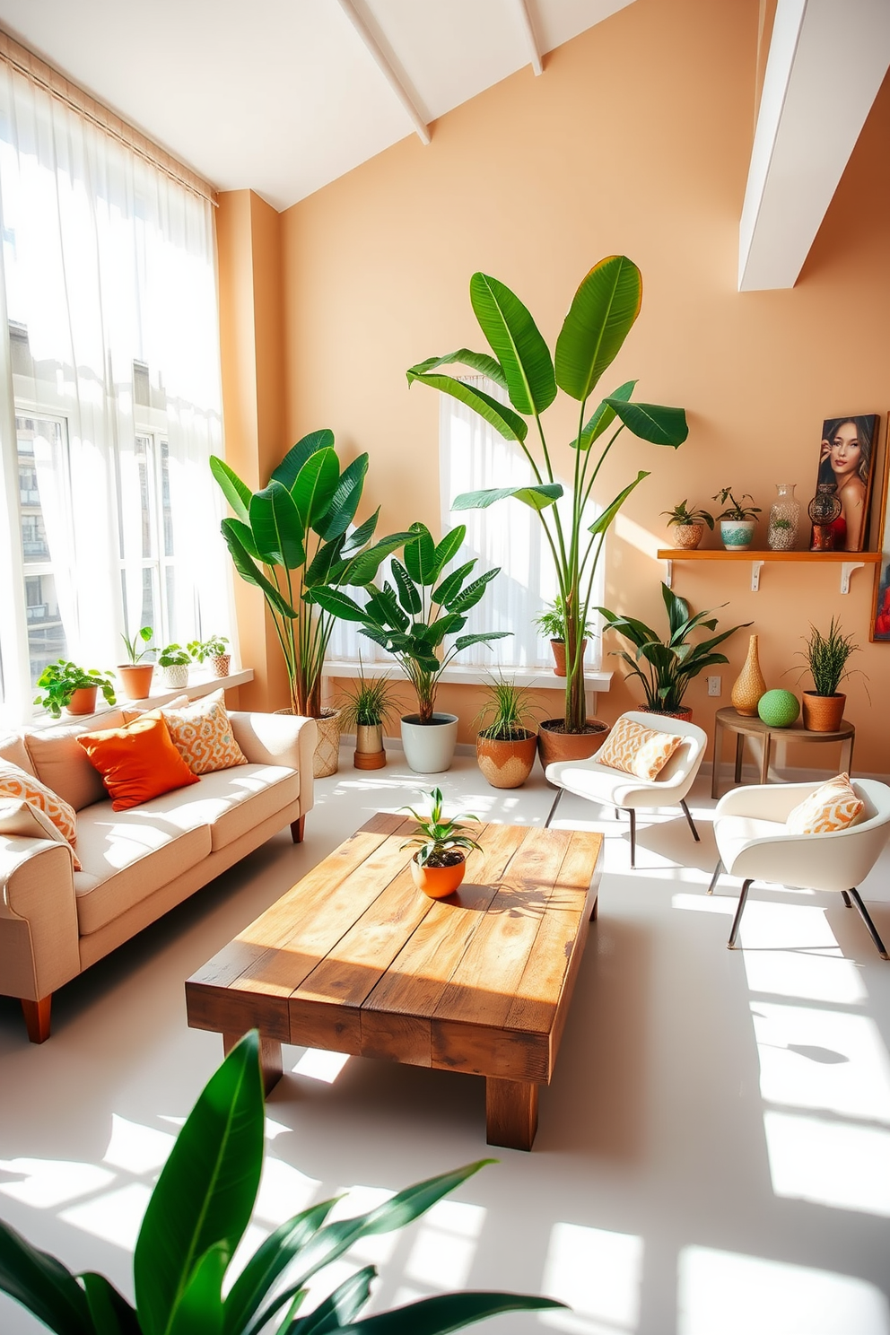 A bright and airy loft space filled with natural light. The room features large windows adorned with sheer white curtains, allowing sunlight to filter through. A cozy seating area includes a plush sectional sofa in a soft beige fabric, complemented by colorful throw pillows. A large coffee table made of reclaimed wood sits at the center, surrounded by a few stylish accent chairs. Tropical plants are strategically placed throughout the space, adding a touch of freshness and vibrancy. A tall fiddle leaf fig tree stands in one corner, while smaller potted plants adorn the window sills and shelves. The walls are painted in a warm, neutral tone, creating a welcoming atmosphere. Art pieces reflecting summer vibes hang on the walls, enhancing the overall aesthetic of the loft.