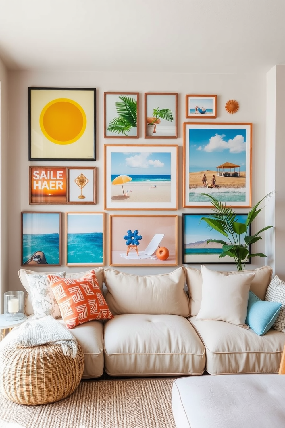 Create a gallery wall featuring summer themes with vibrant artwork that captures the essence of sunny days and beach vibes. Incorporate a mix of framed prints, photographs, and textured pieces to create visual interest and depth. Design a summer loft that embraces a light and airy atmosphere with natural materials and a neutral color palette. Use comfortable furnishings, such as a large sectional sofa, and add pops of color through decorative pillows and seasonal accessories.