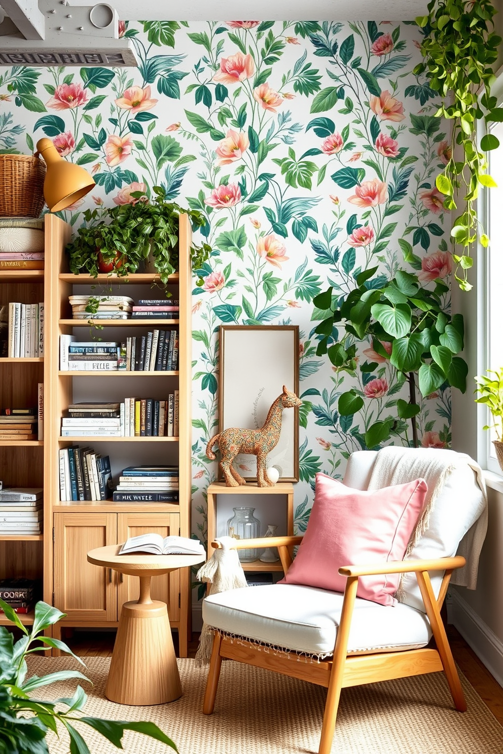 Create a bright and airy summer loft space featuring removable wallpaper with a vibrant botanical print. Incorporate light wood furniture and plenty of greenery to enhance the fresh and inviting atmosphere. Design a cozy reading nook with a comfortable armchair and a small side table, surrounded by shelves filled with books and decorative items. Use soft textiles like a lightweight throw and cushions in pastel colors to add warmth and comfort.
