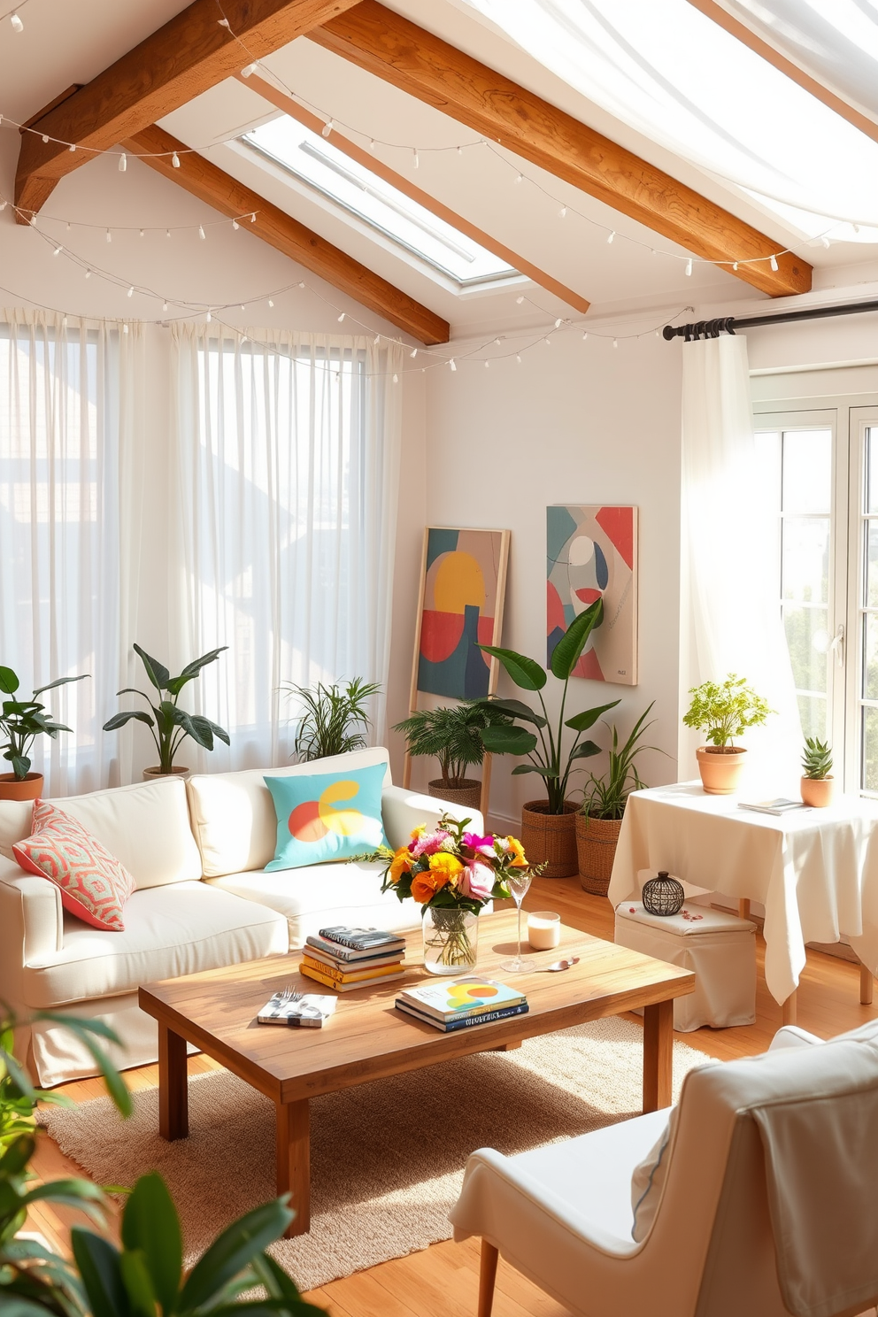 A bright and airy summer loft filled with natural light. The space features large windows adorned with sheer white curtains, allowing sunlight to filter in softly. A cozy seating area includes a plush sectional sofa in a light pastel hue, complemented by colorful throw pillows. Fairy lights are draped across the ceiling beams, creating a warm and inviting ambiance. A wooden coffee table sits in the center, topped with a vibrant floral arrangement and a stack of art books. The walls are decorated with abstract art pieces that reflect the cheerful summer vibe. In one corner, a small dining table is set for two, with a simple tablecloth and fresh fruit as a centerpiece. Potted plants are strategically placed throughout the loft, enhancing the fresh and lively atmosphere.