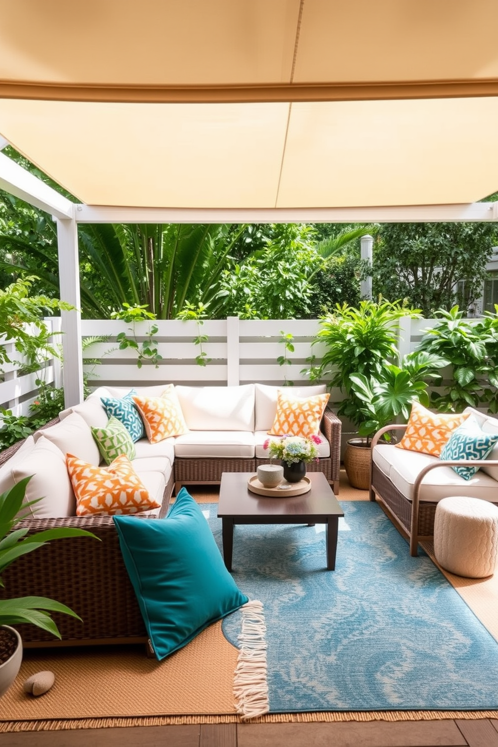 A bright and airy outdoor space designed for summer relaxation. The area features a comfortable seating arrangement with plush cushions and a stylish sunshade that provides ample shade while allowing natural light to filter through. Lush greenery surrounds the space, enhancing the serene atmosphere. Decorative elements like colorful throw pillows and a chic outdoor rug add a pop of color and comfort, creating the perfect summer retreat.
