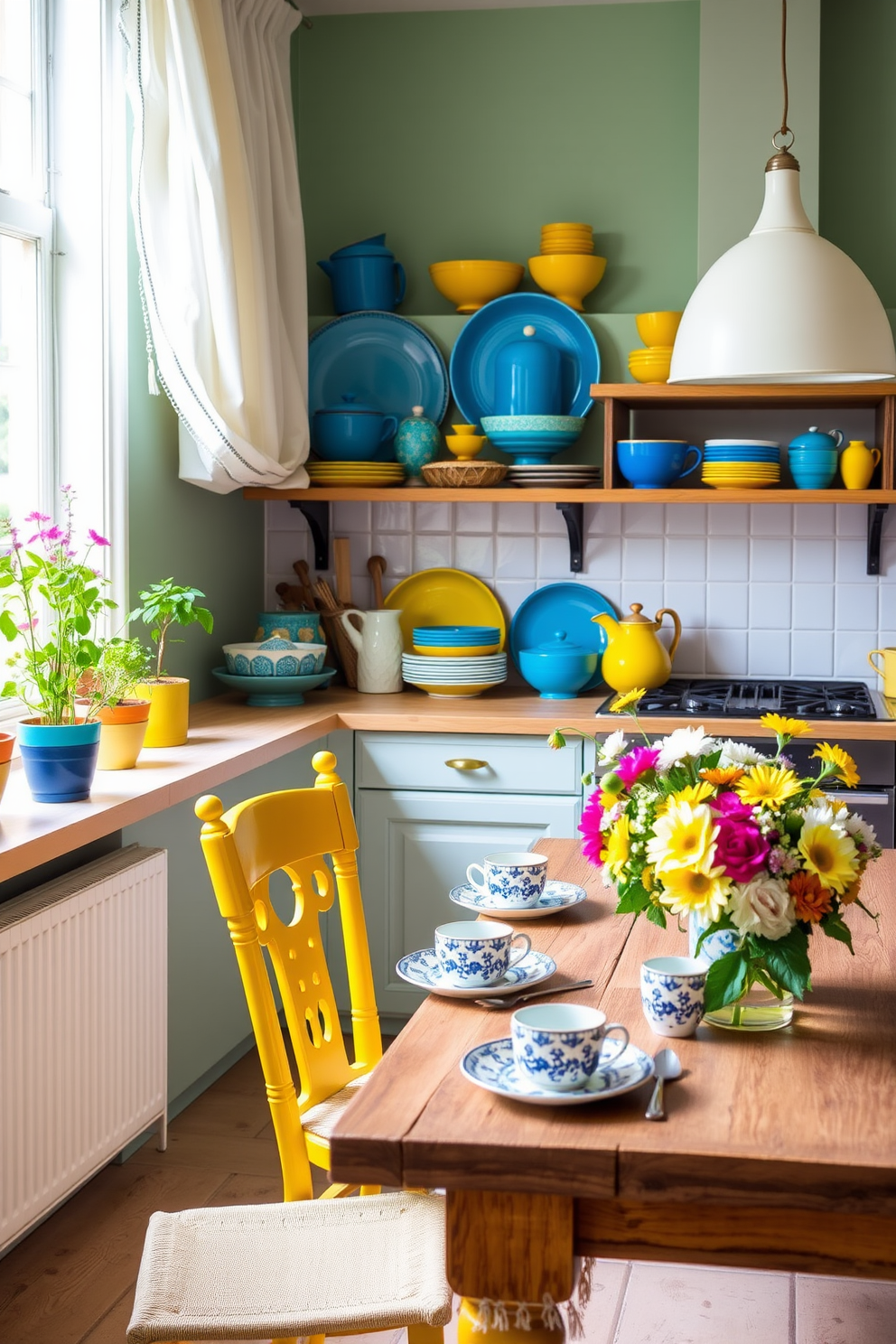 A bright and airy kitchen featuring colorful ceramic dishes and vibrant accents. The decor includes a mix of bold blue and sunny yellow ceramics displayed on open shelves and a cheerful table setting with patterned plates and matching mugs. Incorporate summer loft decorating ideas by adding light, flowing curtains that allow natural light to fill the space. Use potted herbs on the windowsill and a rustic wooden dining table adorned with fresh flowers for a lively, inviting atmosphere.