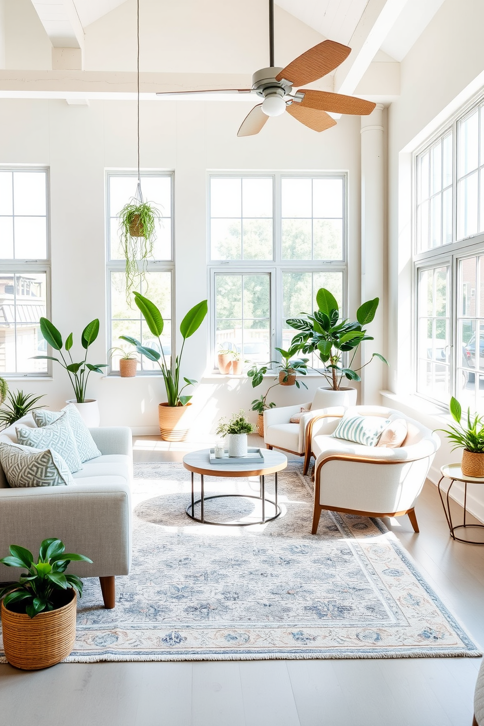 A bright and airy summer loft decorated with light pastel colors and natural textures. The spacious living area features large windows that allow sunlight to flood in, highlighting a stylish area rug that adds warmth and comfort to the space. In one corner, a cozy seating arrangement with a plush sofa and accent chairs invites relaxation. Potted plants are strategically placed throughout the loft, bringing a touch of nature indoors and enhancing the summer vibe.
