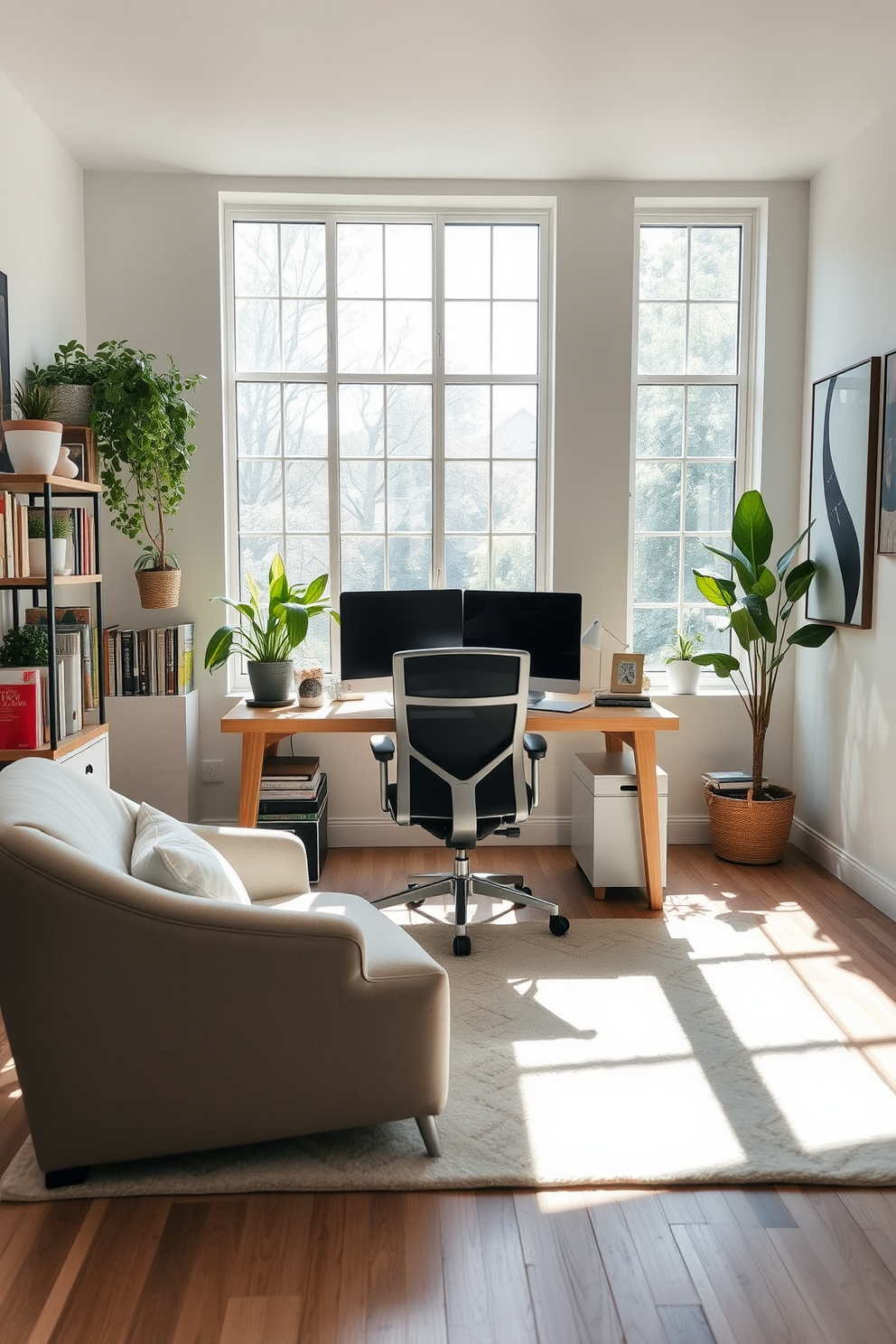 A bright and airy workspace with large windows allowing natural light to flood in. The room features a sleek wooden desk paired with an ergonomic chair, surrounded by shelves filled with plants and books. On one side, a cozy reading nook is created with a plush armchair and a small side table. The walls are adorned with abstract art, and a soft area rug anchors the space, adding warmth and texture.