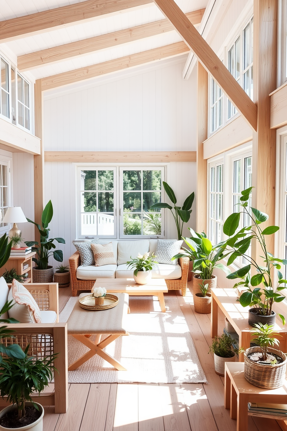 A bright and airy summer loft featuring light wood furniture that enhances the spacious feel of the room. Large windows allow natural light to flood in, illuminating the soft pastel accents throughout the space. The living area is adorned with a cozy sectional sofa and a light wood coffee table, complemented by woven throw pillows. A collection of potted plants adds a touch of greenery, creating a refreshing atmosphere perfect for relaxation.
