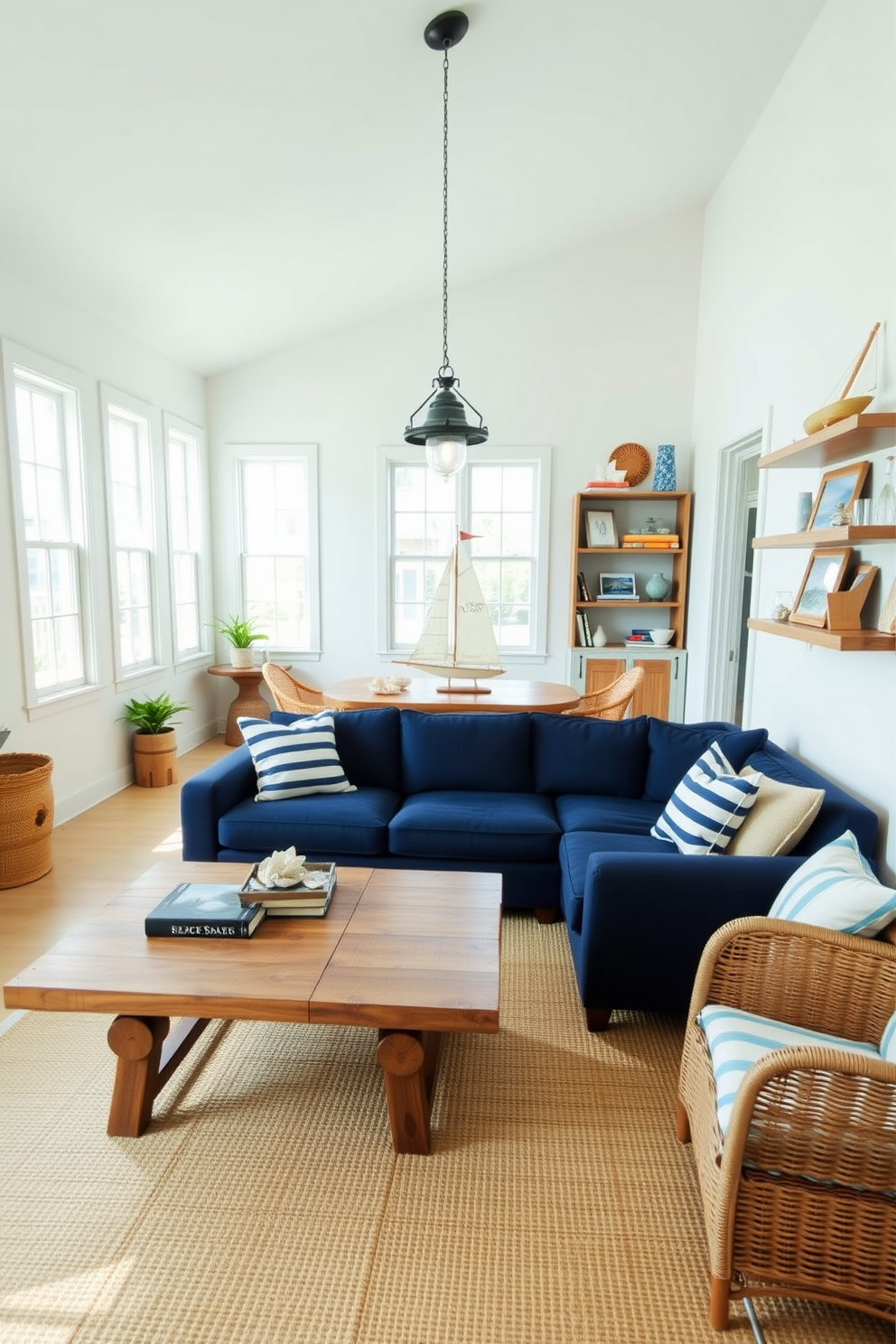 A bright and airy summer loft space featuring large windows that allow natural light to flood in. The walls are painted in a soft white hue, and a light blue accent wall adds a refreshing touch. In the center, a cozy sectional sofa in navy blue is adorned with striped throw pillows. A rustic wooden coffee table, styled with seashells and a nautical-themed book, anchors the seating area. The dining nook showcases a reclaimed wood table surrounded by wicker chairs, enhancing the coastal vibe. Above, a pendant light resembling a ship's lantern hangs gracefully, illuminating the space. On the shelves, decorative elements like a model sailboat and framed ocean photography bring the nautical theme to life. A woven rug with a subtle wave pattern adds warmth and texture to the overall design.