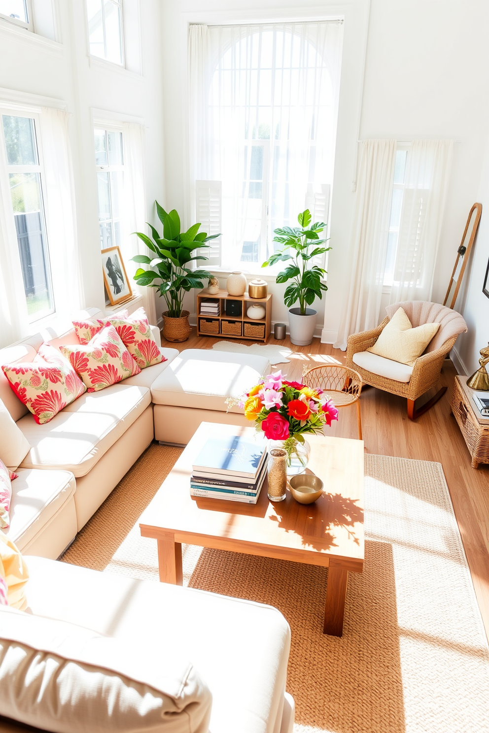 A bright and airy loft space filled with natural light. The room features a large sectional sofa in a soft beige fabric complemented by colorful throw pillows. A wooden coffee table sits in the center, adorned with a stack of art books and a decorative bowl. Fresh flowers in a vibrant vase are placed on the table, adding a touch of natural beauty to the space. The walls are painted in a light pastel color, creating a serene atmosphere. Large windows with sheer curtains allow sunlight to filter through, enhancing the summery feel of the loft. A cozy reading nook is created in one corner with a comfortable armchair and a small side table. A woven rug anchors the space, tying together the elements of summer decor.