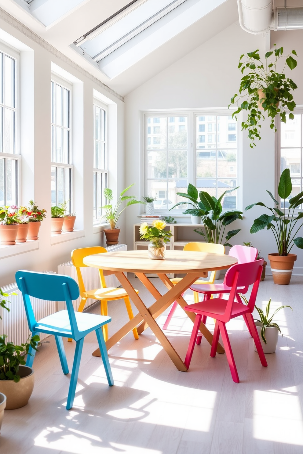 A bright and airy summer loft space features a stylish foldable table that can be easily adjusted for various activities. Surrounding the table are colorful, mismatched chairs that add a playful touch to the overall decor. Large windows allow natural light to flood the room, highlighting the light wooden floors and soft pastel accents throughout. Potted plants are strategically placed around the space, bringing a fresh and vibrant feel to the summer-inspired design.