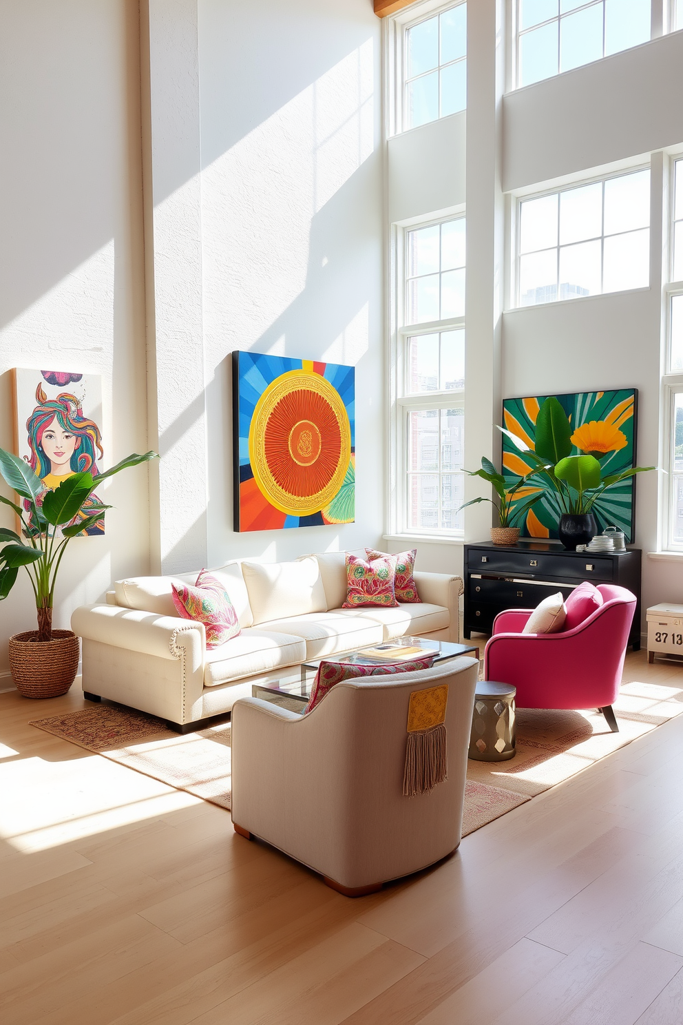 A bright and airy loft space with large windows that allow natural light to flood in. The walls are adorned with vibrant, colorful artwork that adds visual interest and personality to the room. Incorporate comfortable seating options such as a plush sofa and a couple of accent chairs in light fabrics. Use decorative pillows in bold patterns and colors to enhance the summer vibe and create a welcoming atmosphere.