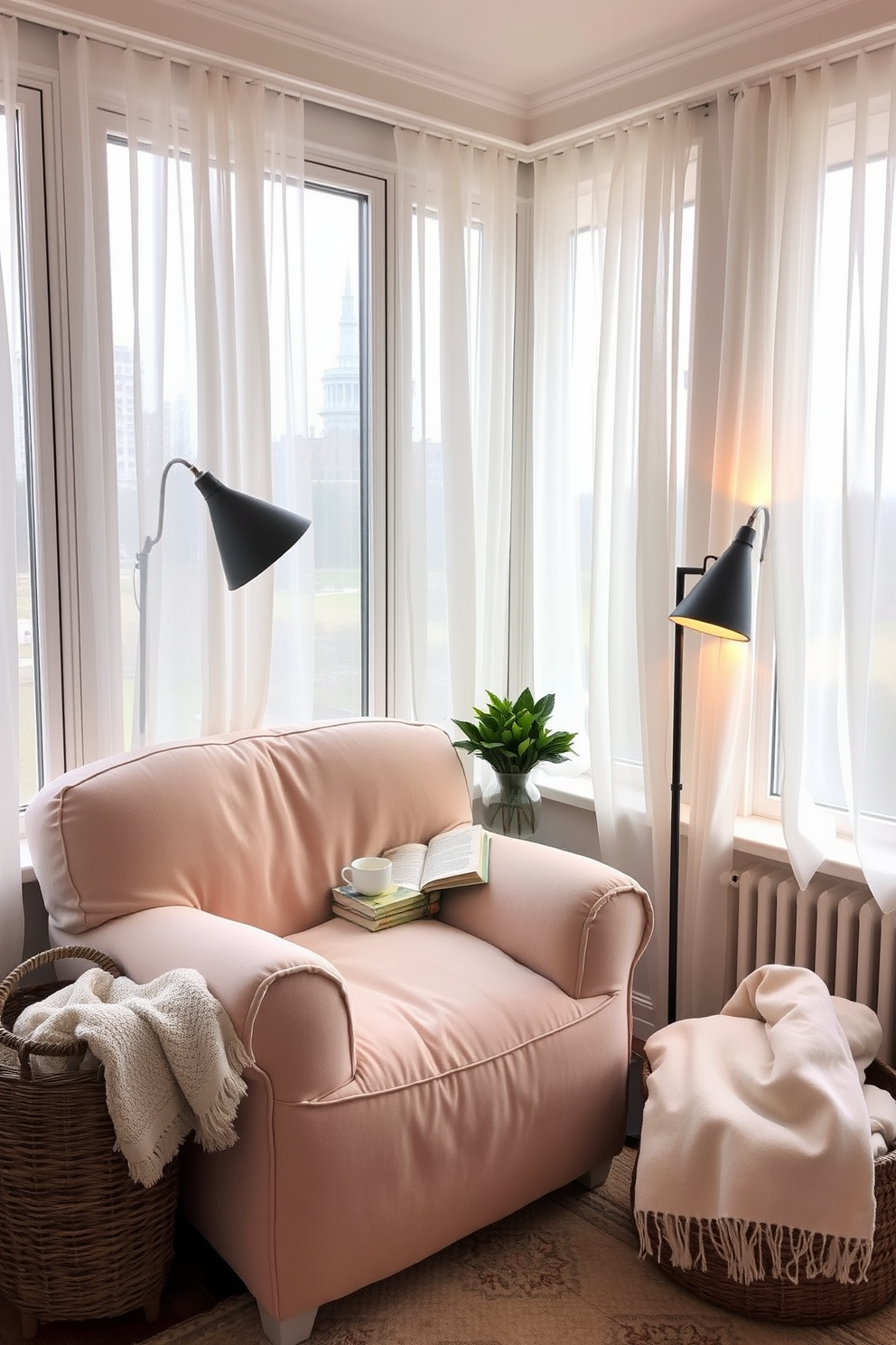 A cozy reading nook area featuring a plush oversized armchair in a soft pastel fabric. A small side table holds a steaming cup of tea and a stack of well-loved books, while a floor lamp with a warm glow illuminates the space. Surrounding the nook, large windows allow natural light to flood in, dressed with sheer white curtains that flutter gently in the breeze. A woven basket filled with extra blankets sits nearby, inviting relaxation and comfort.