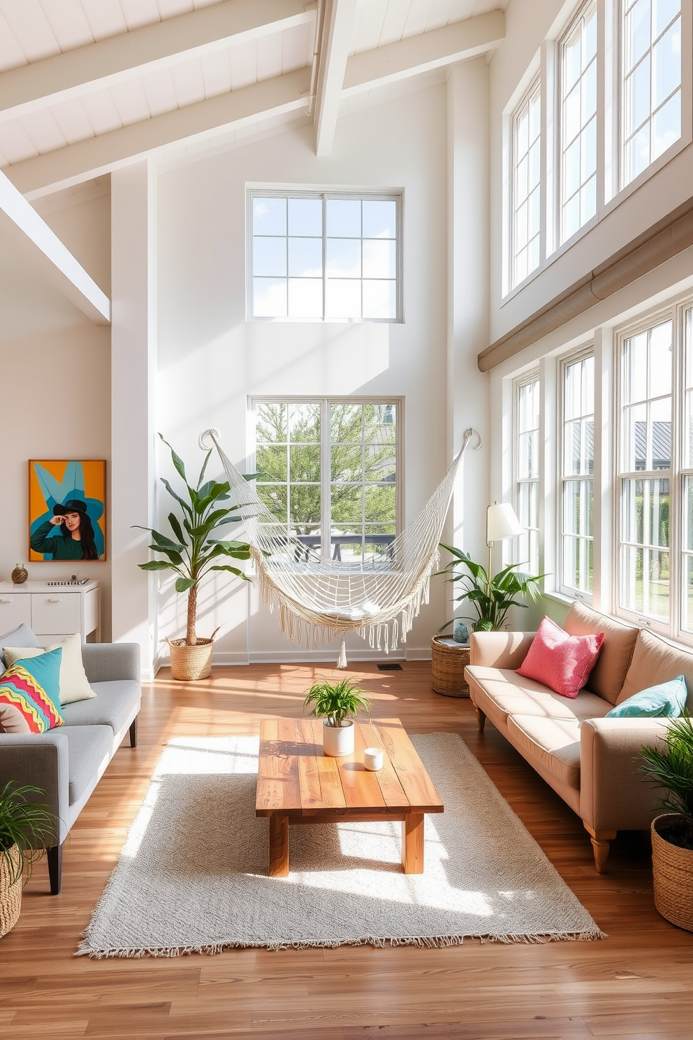 A bright and airy summer loft features large windows that allow natural light to flood the space. The open floor plan includes a cozy seating area with a plush sofa and a coffee table made of reclaimed wood. In one corner, a stylish hammock is suspended between two decorative plants, creating a perfect relaxation nook. The walls are adorned with vibrant artwork, and the color palette consists of soft pastels and warm neutrals to evoke a cheerful atmosphere.