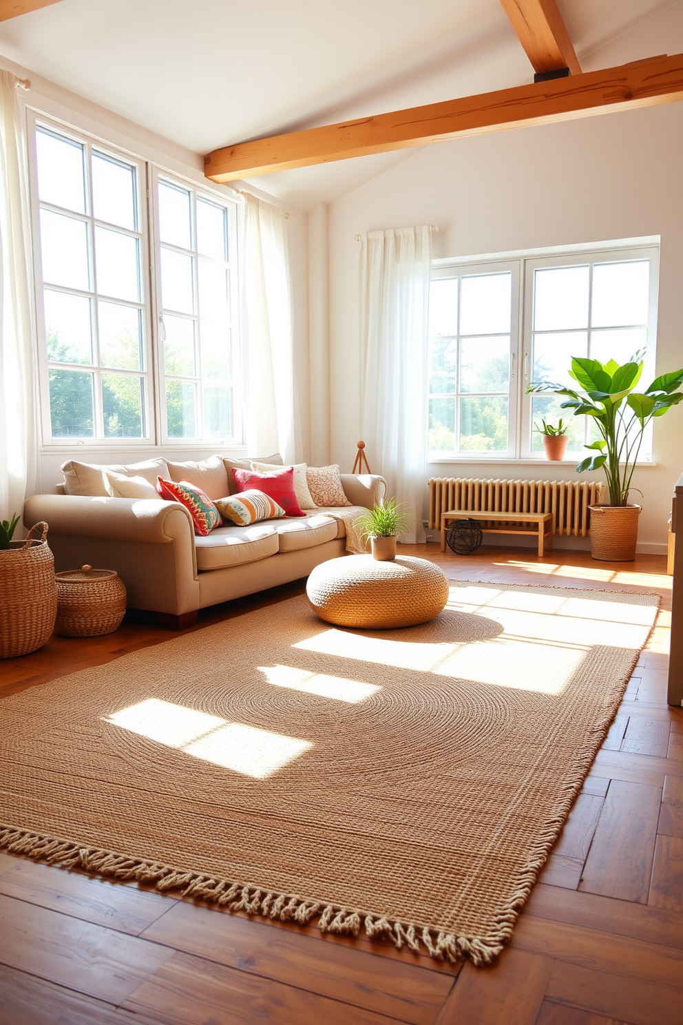 A bright and airy summer loft space filled with natural light. The room features a large jute rug that adds warmth to the wooden floor. A cozy seating area includes a plush sofa adorned with colorful throw pillows. Large windows draped with sheer curtains allow sunlight to filter in gently, enhancing the relaxed atmosphere.