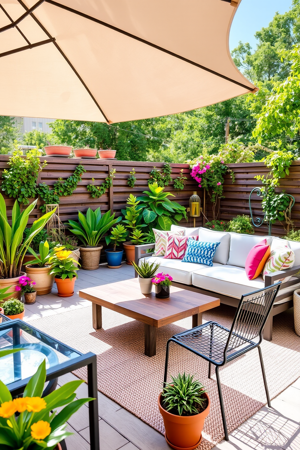A bright and airy outdoor space features a stylish sectional sofa upholstered in weather-resistant fabric, surrounded by vibrant potted plants. A sleek coffee table made of reclaimed wood sits at the center, complemented by colorful throw pillows that add a pop of color. In one corner, a chic dining set with a glass top and modern metal chairs invites al fresco meals under a canopy of string lights. The space is adorned with a large umbrella for shade, creating a perfect blend of comfort and style for summer gatherings.
