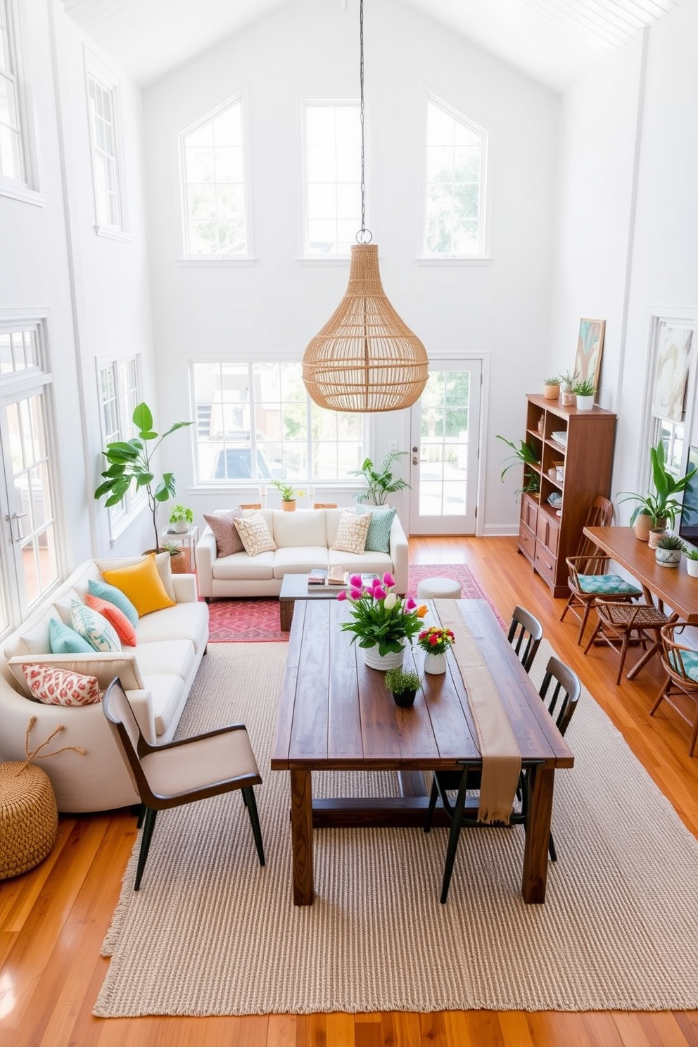 A bright and airy summer loft with large windows that flood the space with natural light. The walls are painted in a soft white, and the hardwood floors are complemented by a light woven area rug. In the living area, a plush sectional sofa is adorned with colorful throw pillows. A large coffee table made of reclaimed wood sits in the center, surrounded by stylish accent chairs. The dining area features a rustic wooden table with mismatched chairs that add character. Above the table, a statement chandelier made of natural materials hangs, creating a focal point. For decor, incorporate potted plants and fresh flowers to bring the outdoors in. The overall ambiance is relaxed and inviting, perfect for summer gatherings.