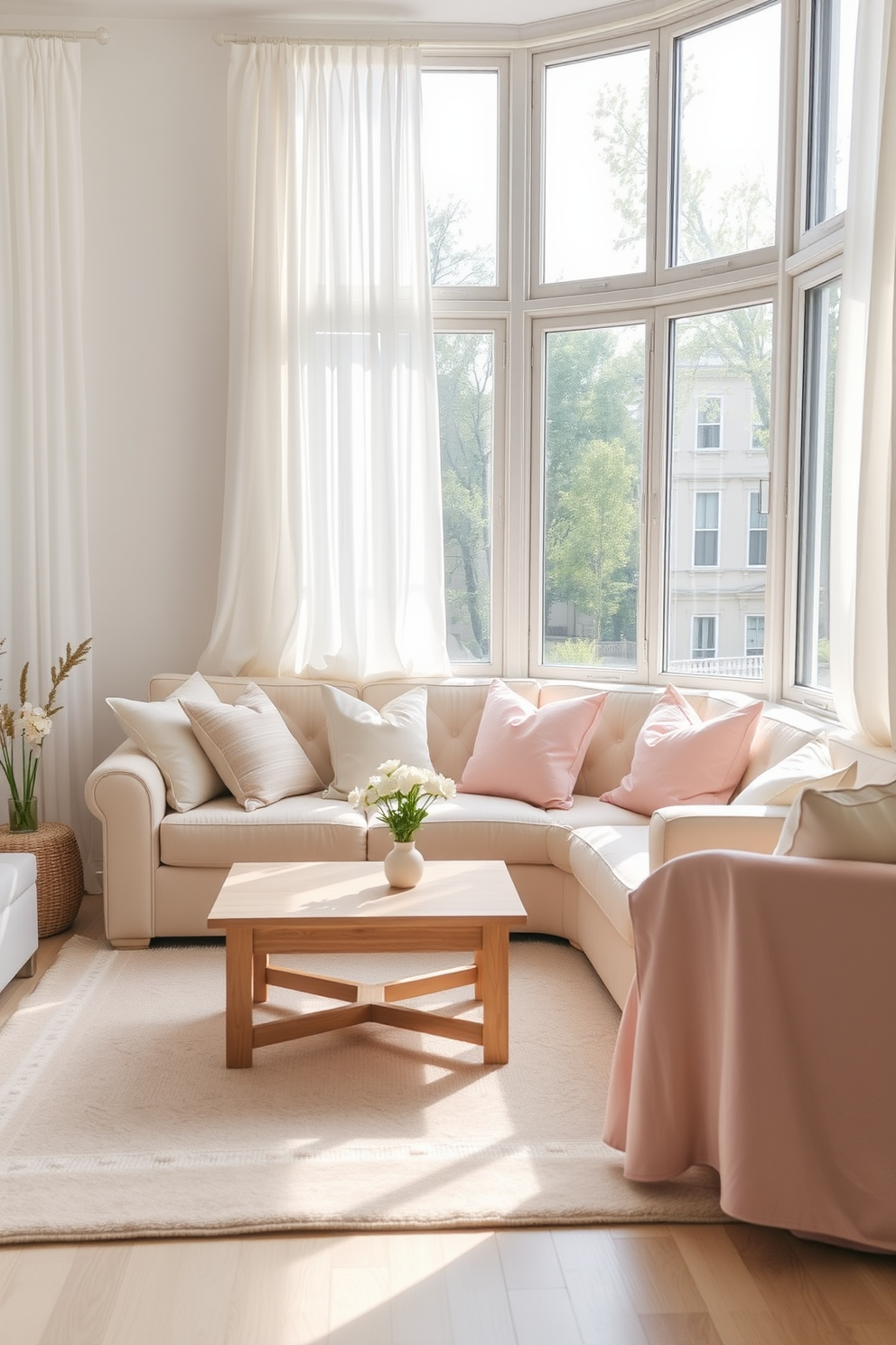 A bright and airy small living room filled with light-colored textiles. Soft white curtains drape elegantly over large windows, allowing natural light to flood the space. A plush beige sofa adorned with pastel throw pillows invites relaxation. A light wooden coffee table sits atop a soft area rug, enhancing the room's summer vibe.