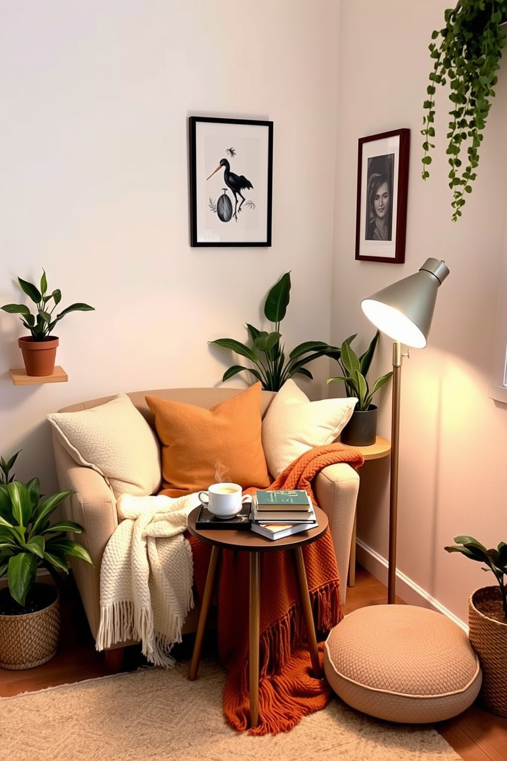 Create a cozy reading nook with plush cushions and a soft throw blanket draped over a comfortable armchair. A small side table holds a steaming cup of tea and a stack of your favorite books, while a warm floor lamp casts a gentle glow over the space. Surround the nook with potted plants and framed artwork to add a touch of nature and personality. The walls are painted in a light pastel color, creating an inviting atmosphere perfect for relaxation and reading.