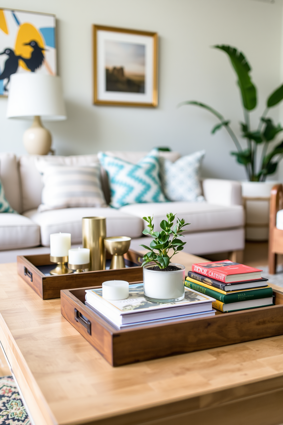 A cozy summer living room features a stylish coffee table adorned with decorative trays. The trays display an assortment of candles, a small potted plant, and a stack of colorful books, creating a vibrant yet inviting atmosphere.