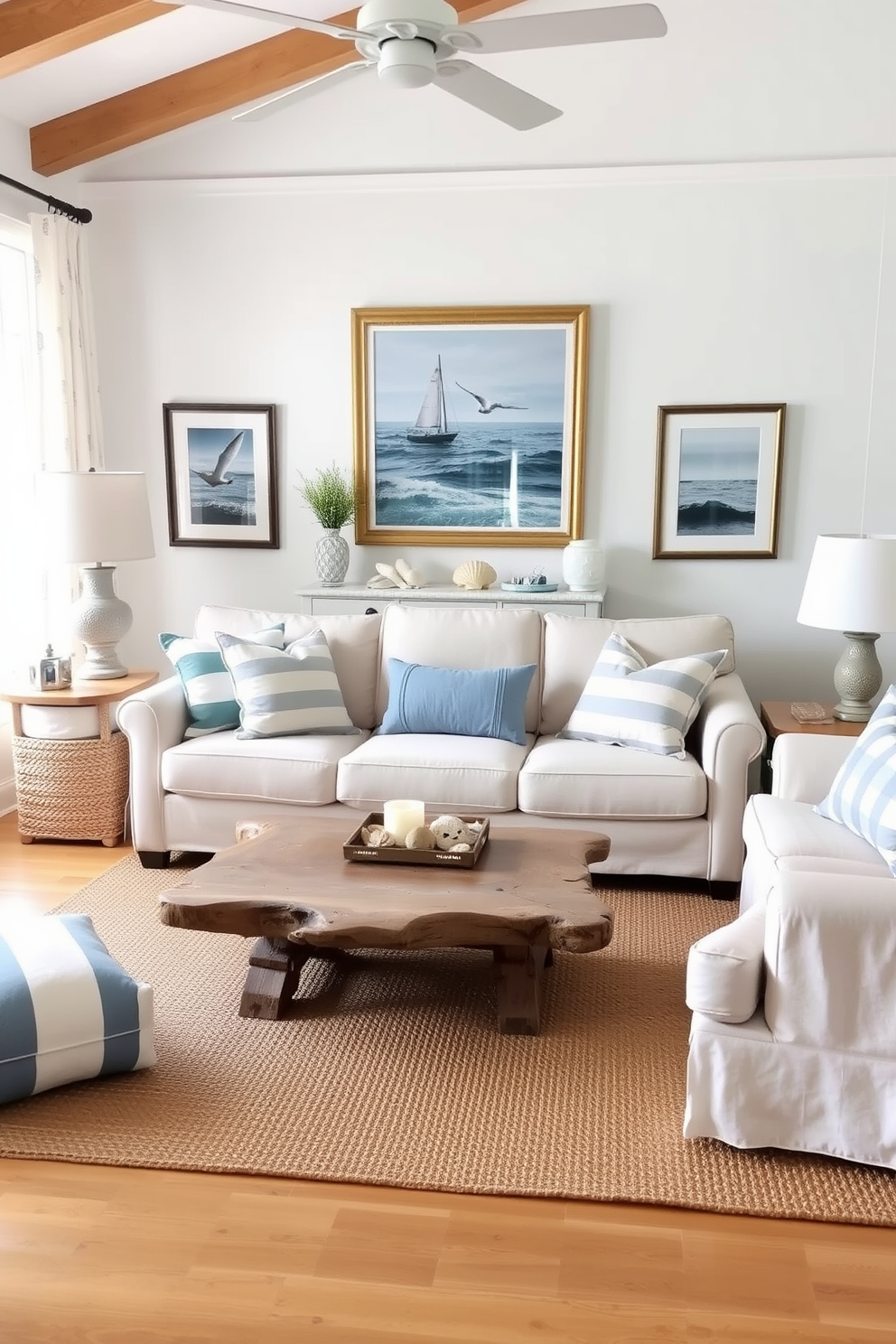 A cozy summer living room filled with nautical elements. Soft blue and white striped cushions adorn a light beige sofa, while a driftwood coffee table sits at the center. On the walls, framed ocean-themed artwork adds a touch of the seaside. A jute rug underfoot complements the beachy vibe, and a collection of seashells decorates the mantle.