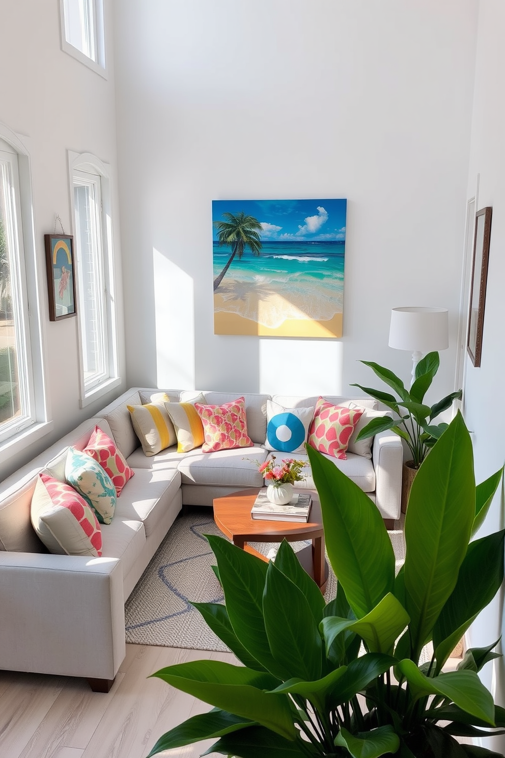 A bright and airy small living room filled with natural light. The space features a comfortable light gray sofa adorned with colorful throw pillows and a stylish coffee table in the center. A statement piece of summer art hangs on the wall, depicting a vibrant beach scene. Lush green plants are placed in the corners, adding a fresh touch to the decor.