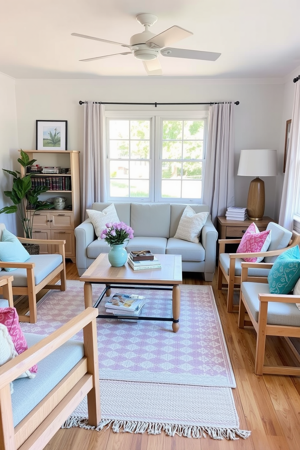 Light wood furniture creates a fresh and airy atmosphere in a summer small living room. Incorporate a cozy, neutral sofa paired with a light wood coffee table and accent chairs to enhance the inviting feel. Add vibrant throw pillows and a soft area rug to introduce color and texture. Use natural light by keeping window treatments minimal, allowing sunshine to brighten the space.