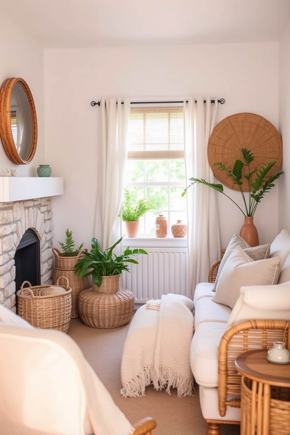 A cozy summer small living room filled with layered textures. Woven baskets are strategically placed around the room, complemented by soft fabrics in light, airy colors.