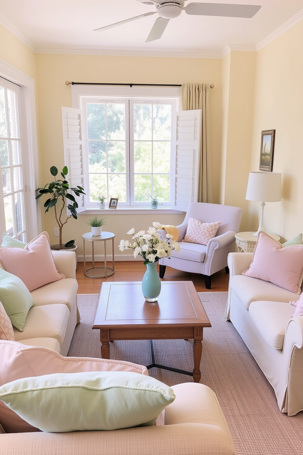 A cozy summer living room filled with natural light. The walls are painted in a soft pastel yellow, and the furniture features light beige upholstery with pastel-colored throw pillows in mint green and blush pink. A small coffee table made of light wood sits in the center, adorned with a pastel blue vase filled with fresh white flowers. In one corner, a pastel lavender armchair is paired with a small side table, creating a perfect reading nook by the window.