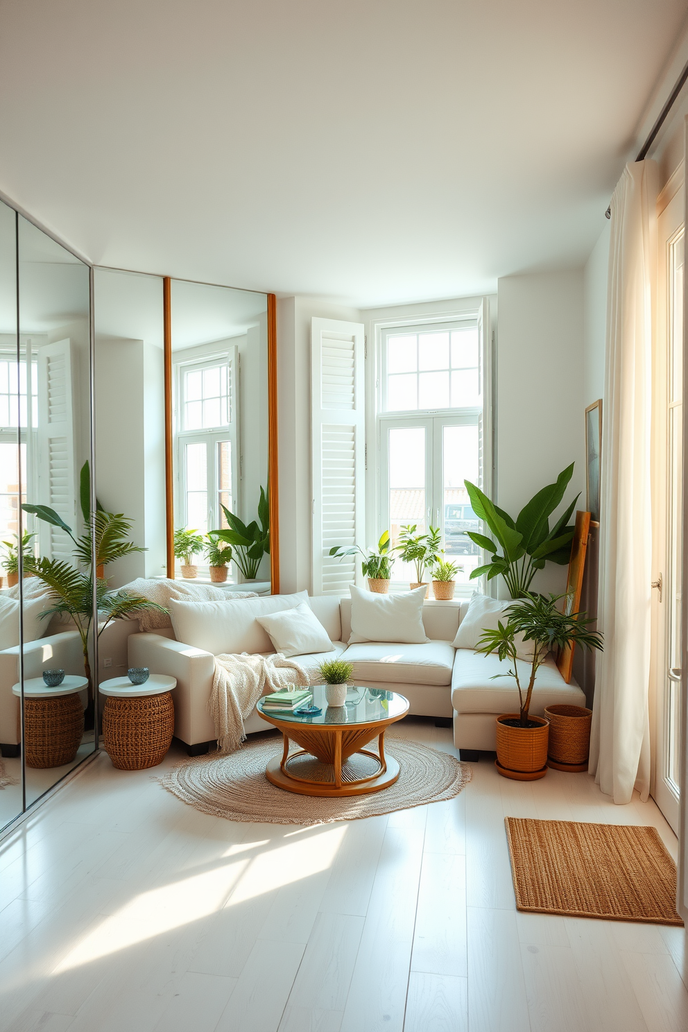 A bright and airy small living room adorned with light pastel colors. Large floor-to-ceiling mirrors reflect the sunlight, creating an illusion of space and warmth. The room features a cozy sectional sofa with soft cushions and a light throw blanket. Potted plants are strategically placed near the windows, adding a touch of greenery to the summer decor.