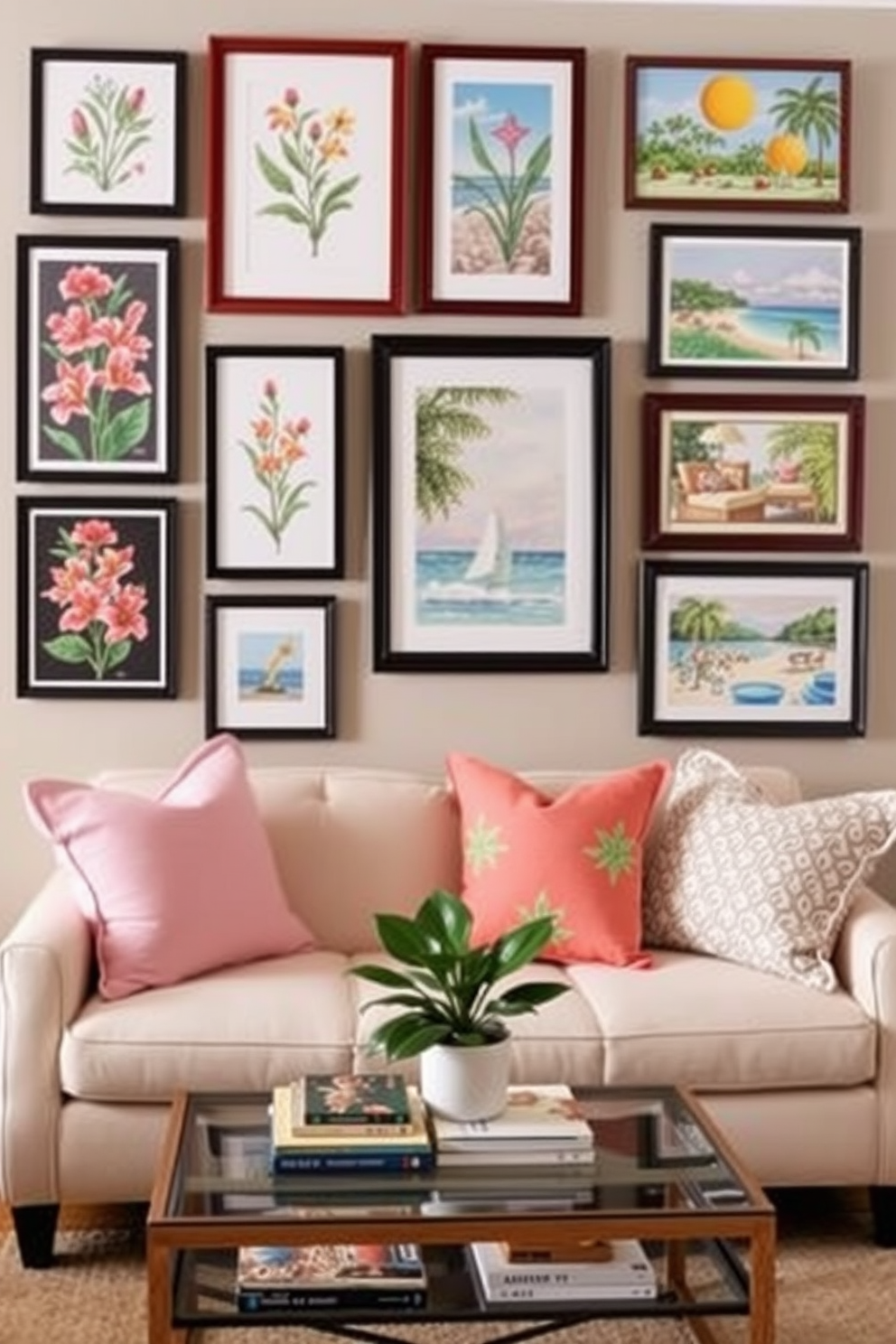 Create a gallery wall featuring vibrant summer prints in a small living room. The wall is adorned with a mix of framed botanical illustrations and colorful beach scenes, creating a lively focal point. Incorporate a cozy seating arrangement with a light-colored sofa and accent pillows in pastel hues. A small coffee table sits in front, topped with a few decorative books and a potted plant for added freshness.