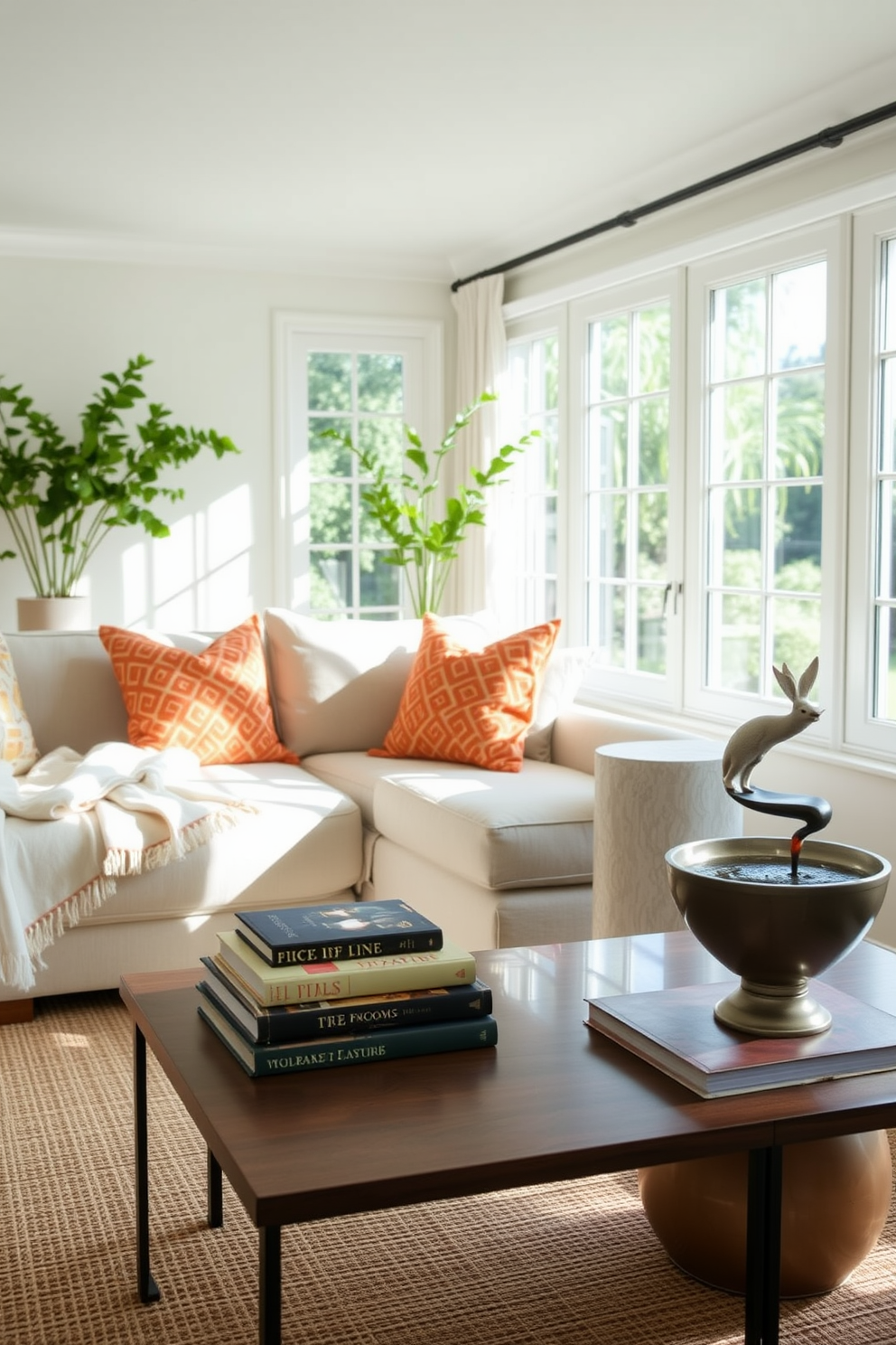 A serene summer living room filled with natural light. The space features a comfortable sectional sofa adorned with vibrant throw pillows and a light linen blanket. Adjacent to the sofa, a stylish coffee table holds a few art books and a decorative bowl. A small indoor water feature, such as a tabletop fountain, adds tranquility and enhances the peaceful ambiance of the room.