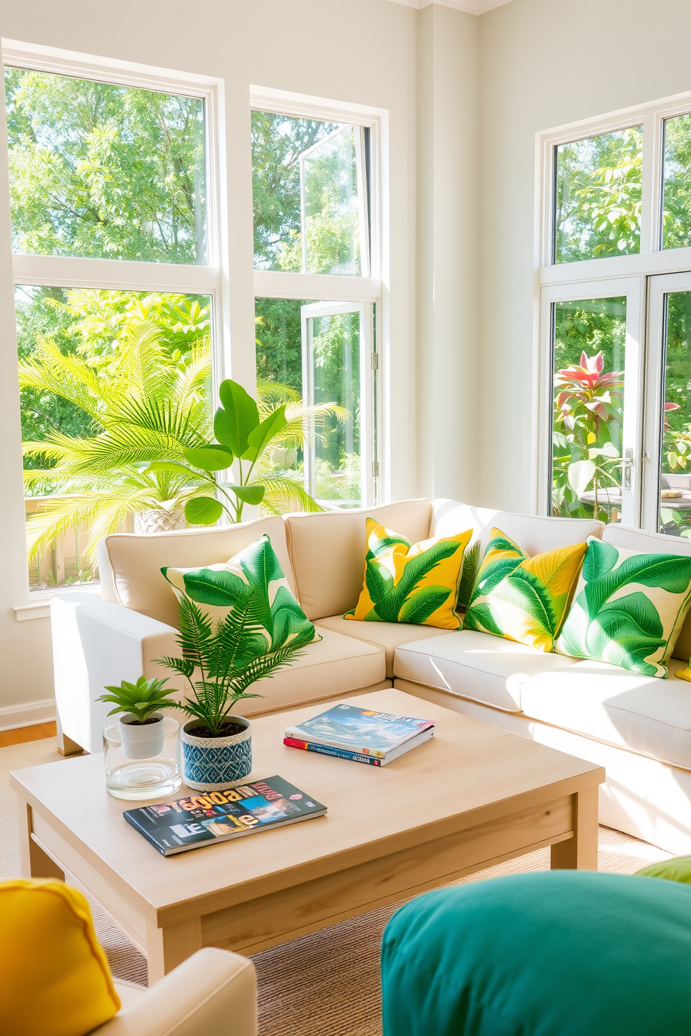 A vibrant summer living room filled with natural light. The space features a comfortable sofa adorned with tropical-themed throw pillows in bright greens and yellows. A light wooden coffee table sits in front of the sofa, topped with a few colorful magazines and a small potted plant. The walls are painted in a soft white, enhancing the airy feel of the room while large windows offer a view of lush greenery outside.