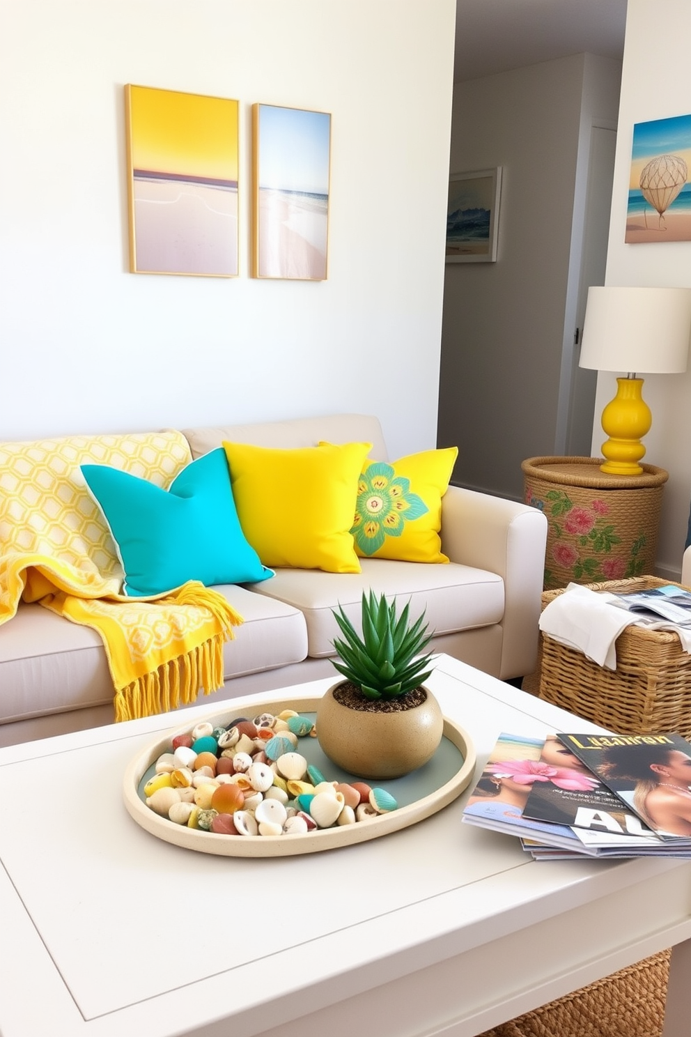 A cheerful summer-themed small living room features bright yellow and turquoise accents throughout the space. A lightweight, patterned throw blanket drapes over a cozy sofa, while vibrant cushions with floral designs add a playful touch. On a coffee table, a collection of colorful seashells and a small potted succulent create a refreshing centerpiece. Wall art depicting sunny beach scenes and a woven basket filled with magazines enhance the laid-back summer vibe.