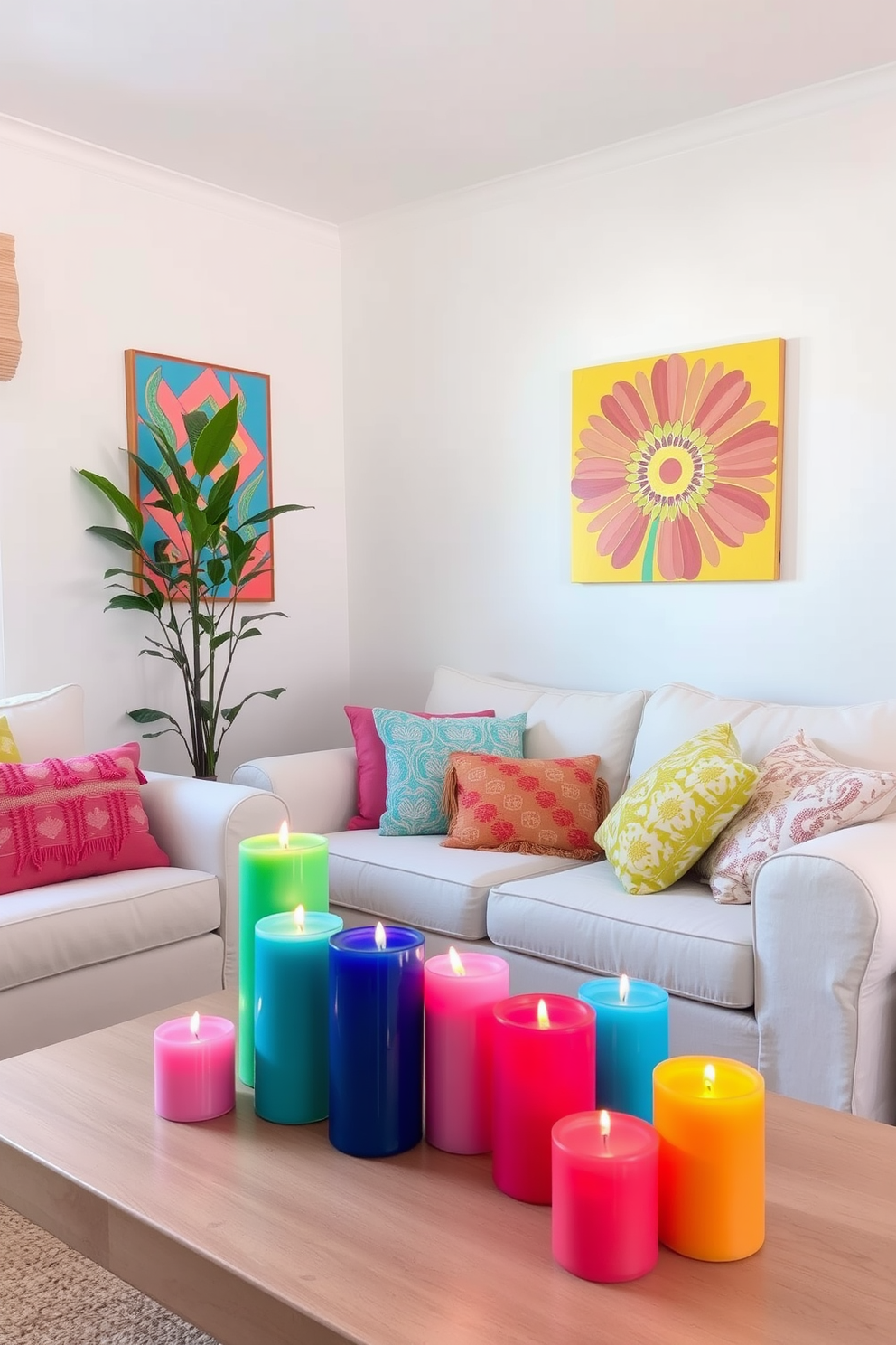 A bright and inviting summer small living room features a cozy seating arrangement with a light-colored sofa adorned with colorful throw pillows. On the coffee table, an assortment of bright colored candles in varying heights create a warm and welcoming ambiance. The walls are painted in a soft pastel hue, complemented by vibrant artwork that adds personality to the space. A small indoor plant sits in the corner, bringing a touch of nature indoors and enhancing the cheerful atmosphere.