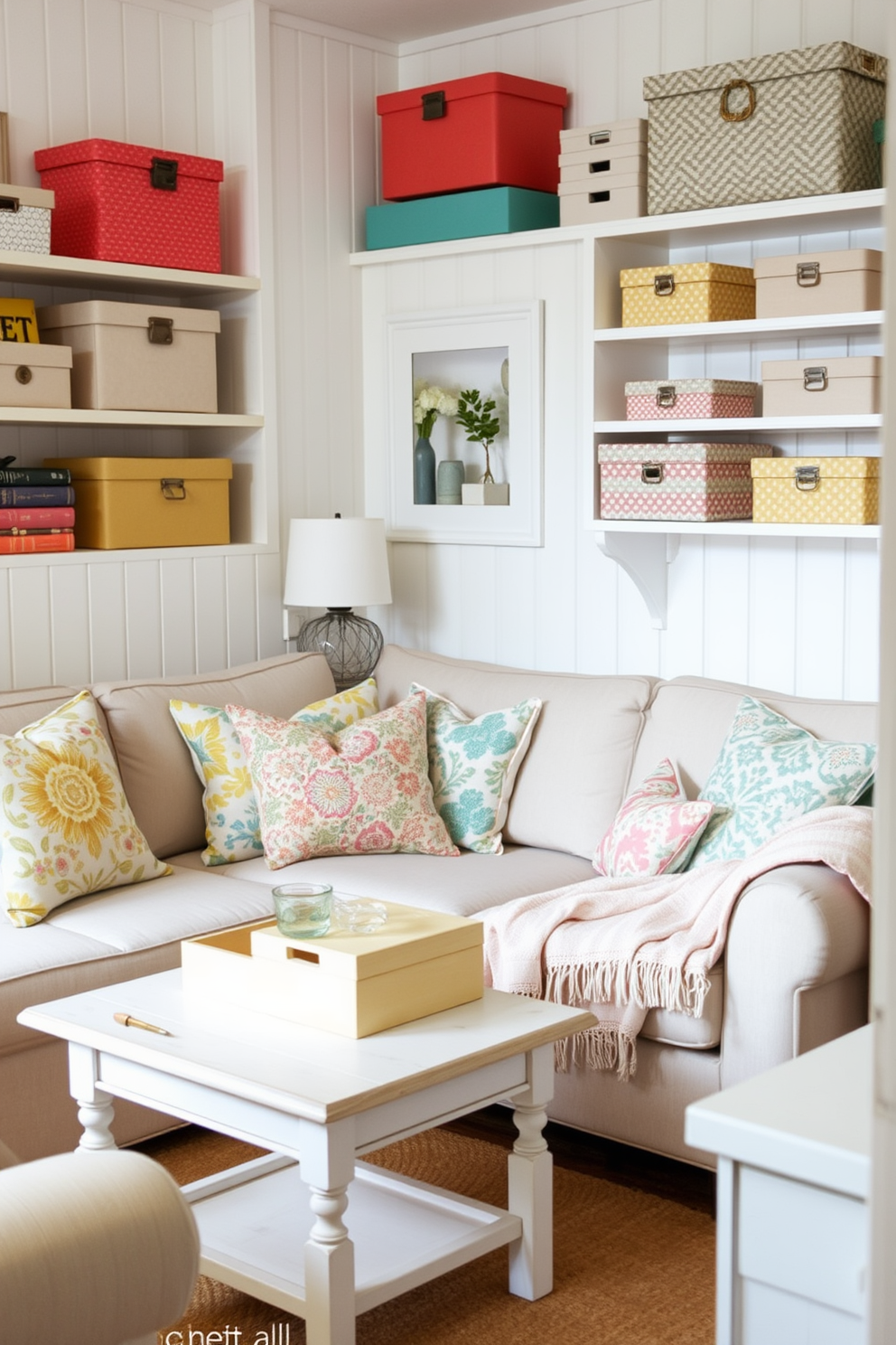 A cozy summer small living room features a light and airy atmosphere with soft pastel colors. Decorative boxes in various sizes are strategically placed on shelves and tables, providing organized storage while enhancing the room's aesthetic appeal. The seating arrangement includes a comfortable sofa adorned with colorful throw pillows and a lightweight throw blanket. A small coffee table sits in the center, topped with a few decorative boxes that blend seamlessly with the overall decor.
