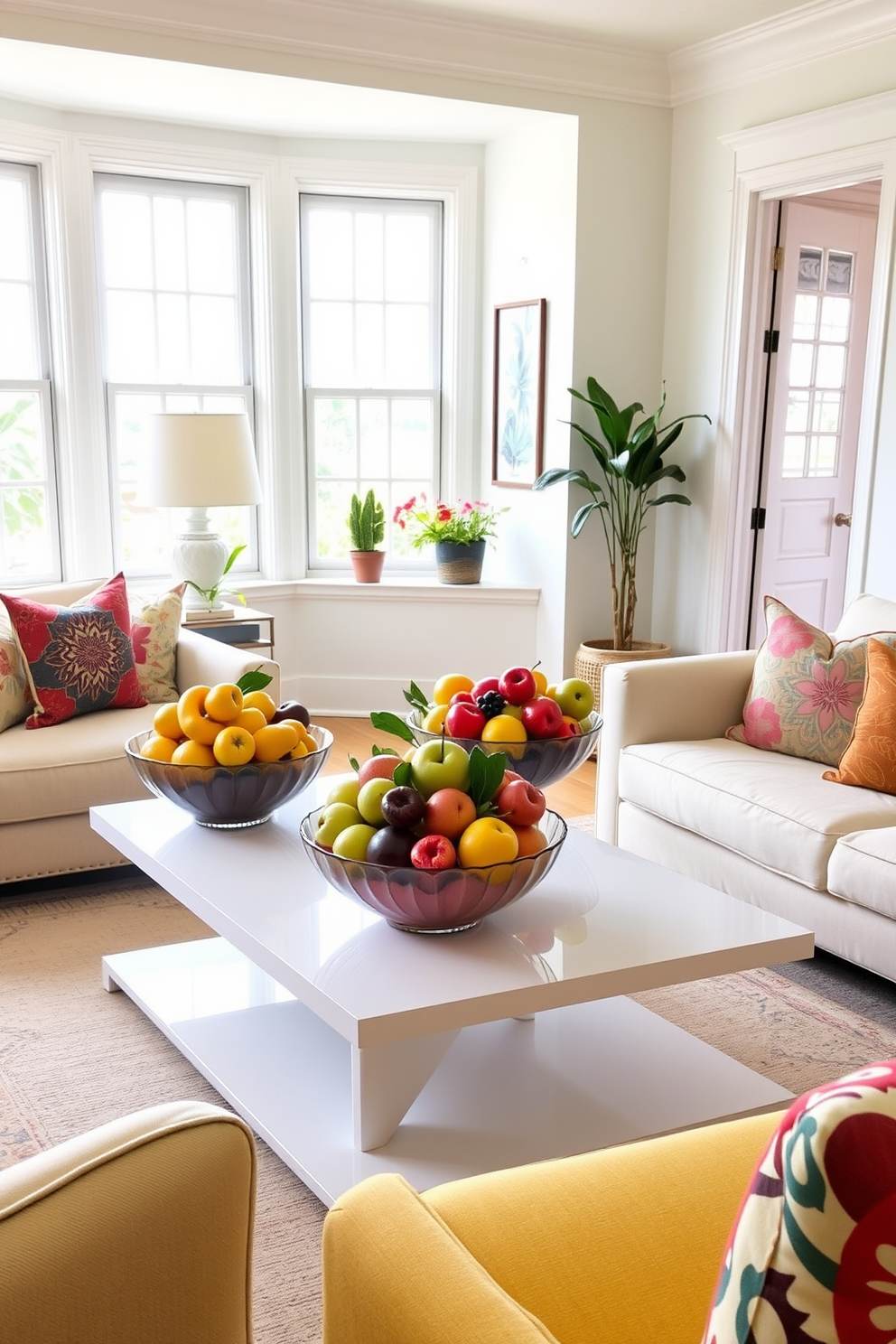 A bright and airy small living room filled with natural light. Decorative bowls overflowing with vibrant seasonal fruits are artfully arranged on a sleek coffee table. The walls are painted in a soft pastel hue, creating a cheerful atmosphere. Cozy seating options, such as a plush sofa and colorful accent chairs, invite relaxation and conversation.