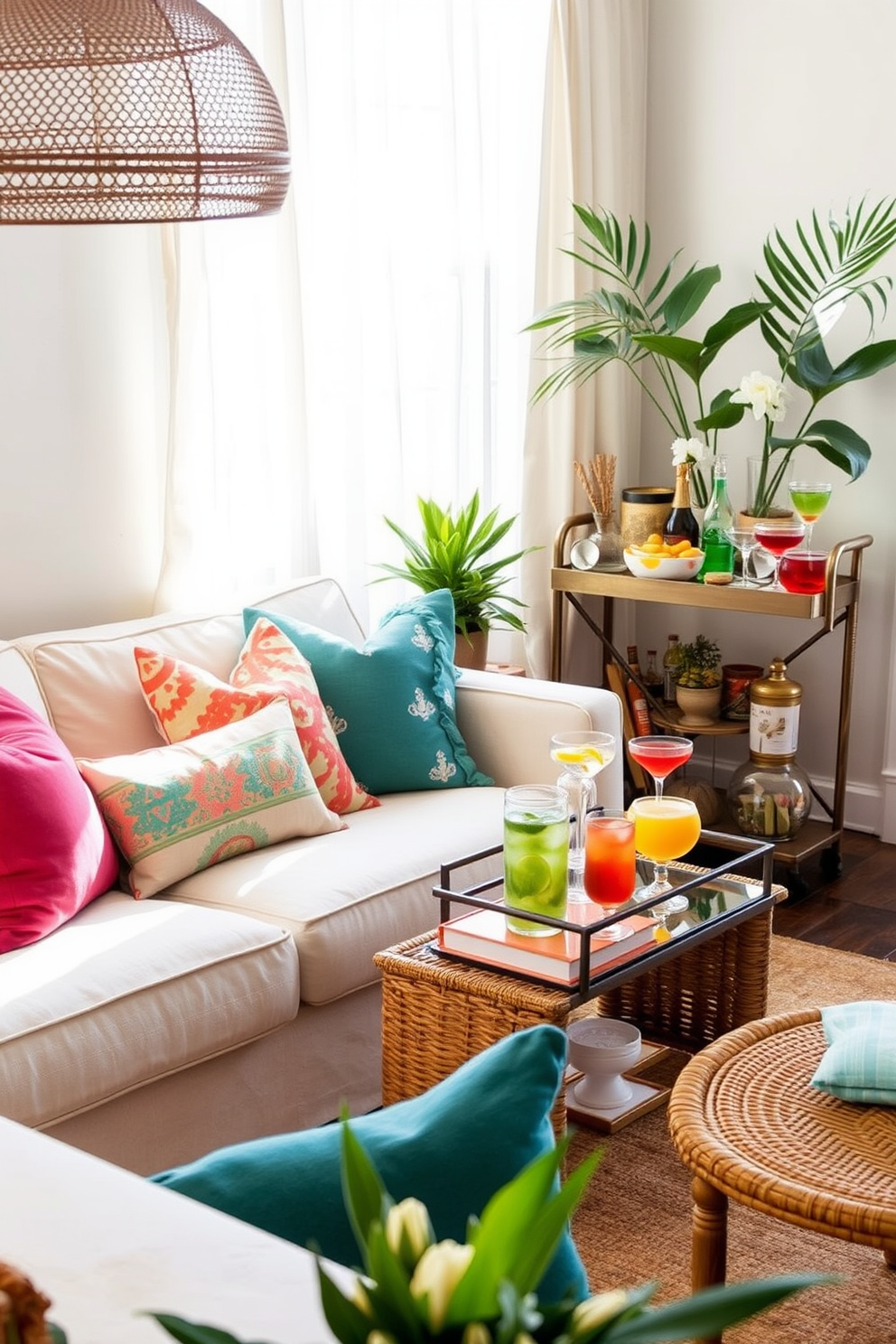 A cozy summer living room setting. The room features a light-colored sofa adorned with vibrant throw pillows and a woven coffee table. In one corner, a small bar cart is elegantly styled with an assortment of colorful glassware and a selection of summer cocktails. Soft natural light floods in through sheer curtains, enhancing the warm ambiance and inviting atmosphere.
