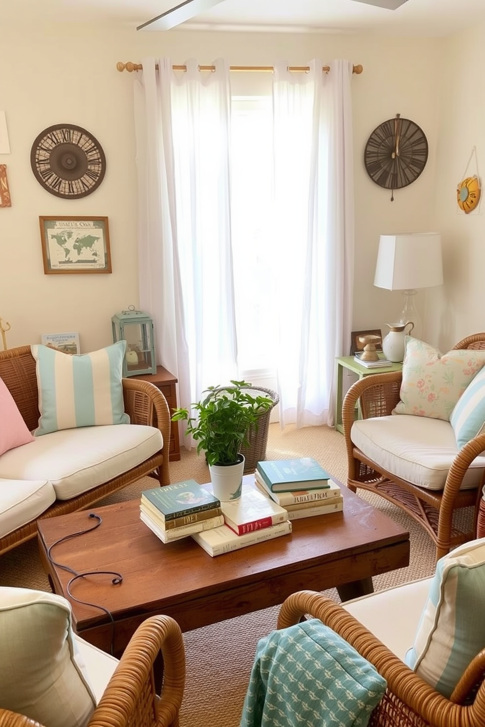 A cozy small living room adorned with vintage summer finds. A mix of rattan furniture and pastel-colored cushions creates a relaxed atmosphere. On a reclaimed wood coffee table, a collection of vintage books and a small potted plant add character. The walls are painted in a soft cream, and sheer curtains allow natural light to fill the space.