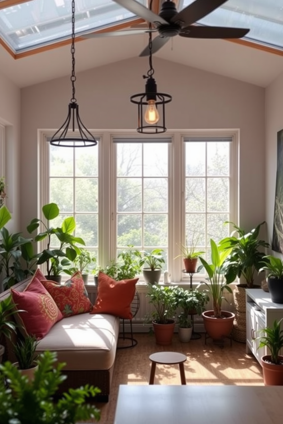 A cozy small living room filled with natural light. The space features outdoor-inspired lighting fixtures made of wrought iron hanging from the ceiling, casting a warm glow over the room. A comfortable sofa adorned with vibrant throw pillows sits against a wall of large windows. Potted plants in various sizes are strategically placed around the room, bringing a touch of nature indoors.