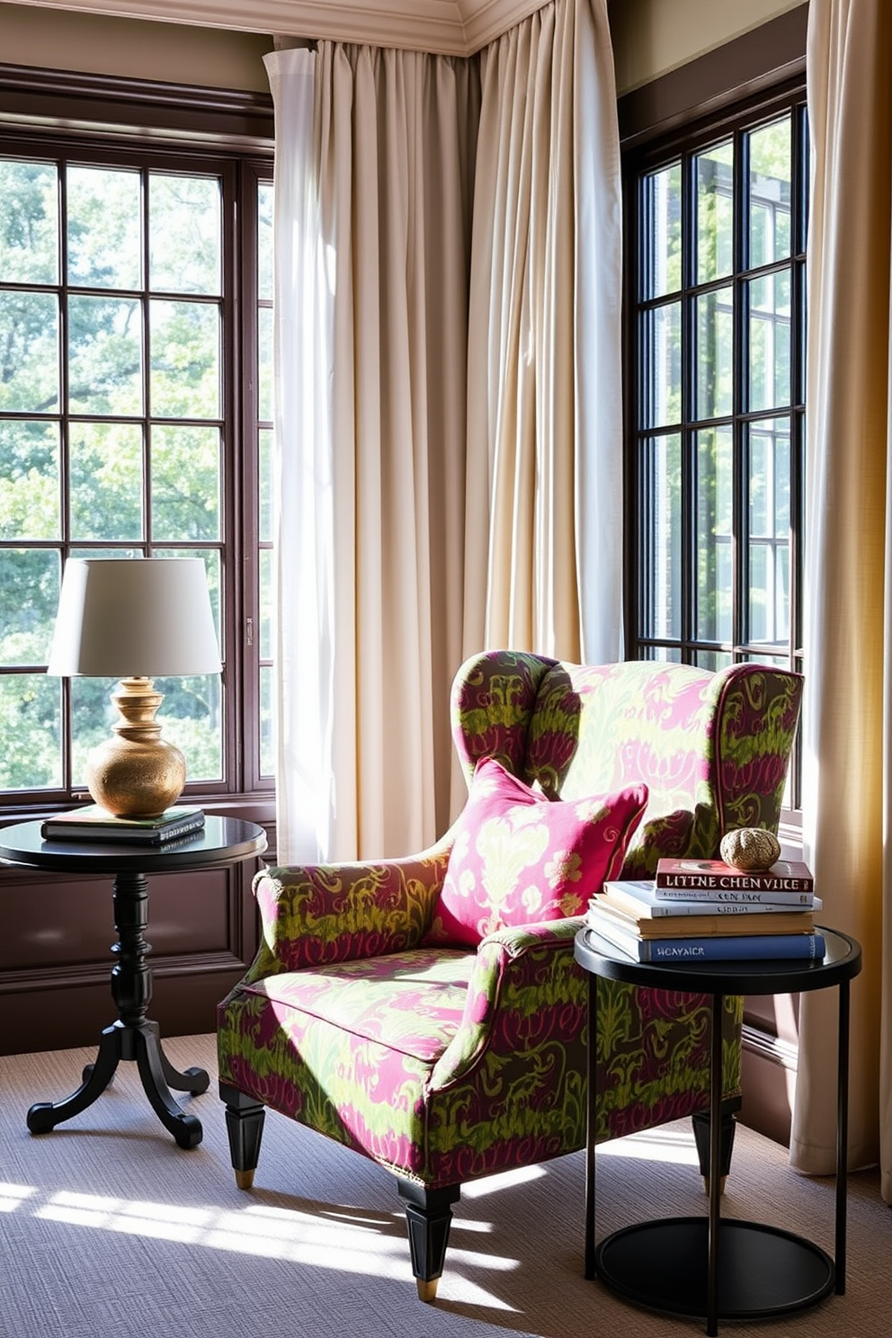 Create a focal point with a bold chair that features vibrant upholstery in a striking pattern. Position it near a large window, allowing natural light to enhance its colors and draw attention to the space. Incorporate light, airy textiles like sheer curtains and soft throw pillows in complementary hues. Add a small side table next to the chair, adorned with a decorative lamp and a stack of stylish books for a cozy touch.