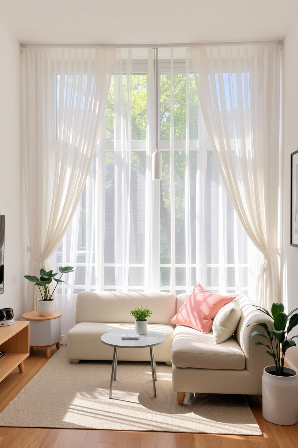 A bright and airy small living room adorned with sheer curtains that gently filter sunlight. The space features a cozy sofa in soft pastel tones paired with a minimalist coffee table and a few potted plants for a refreshing touch.