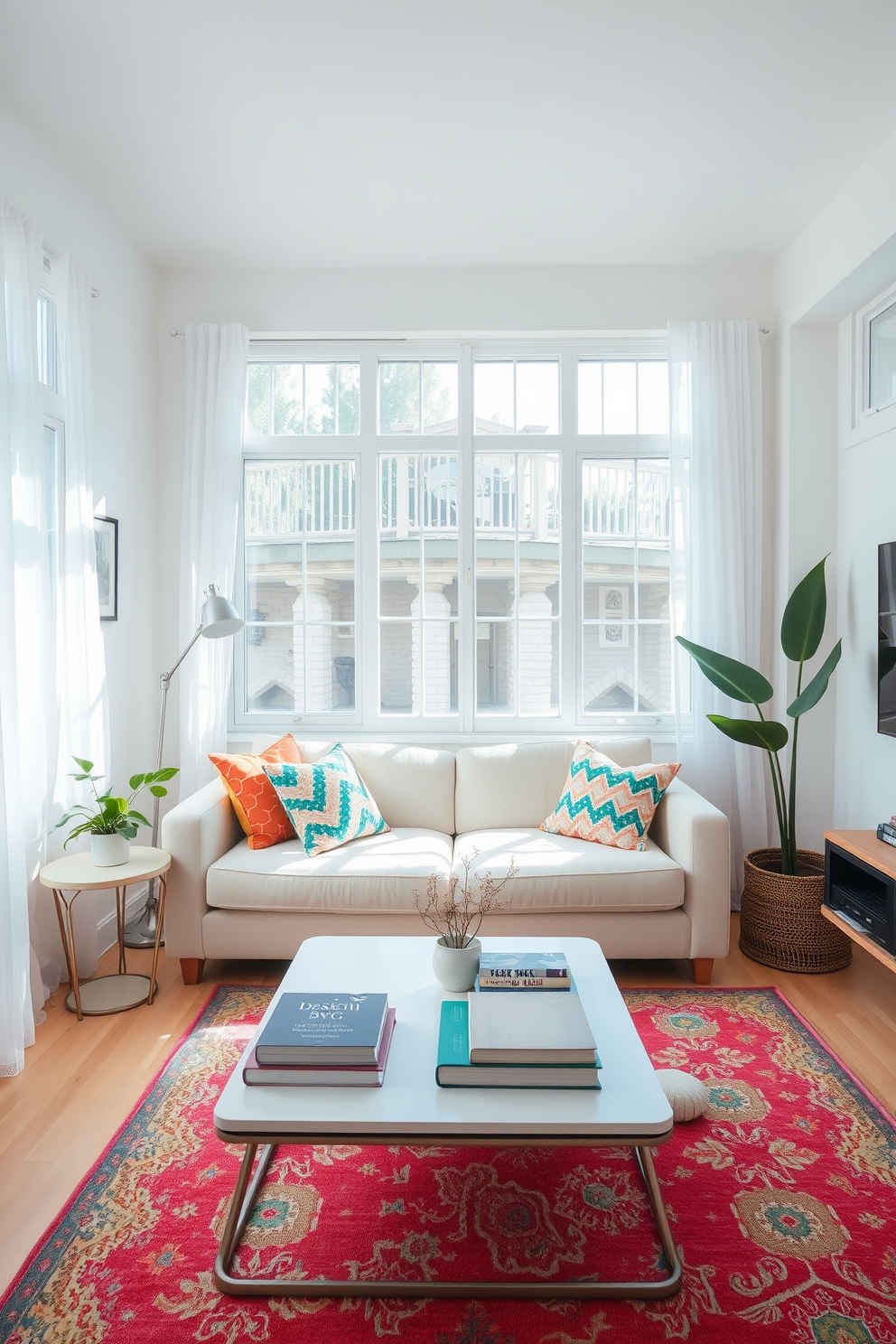 A bright and airy small living room filled with natural light. The space features a cozy sofa adorned with colorful throw pillows and a vibrant area rug that adds warmth to the room. A sleek coffee table sits in front of the sofa, topped with a few stylish books and a decorative plant. The walls are painted in a light pastel hue, and large windows are dressed with sheer curtains to enhance the summer vibe.